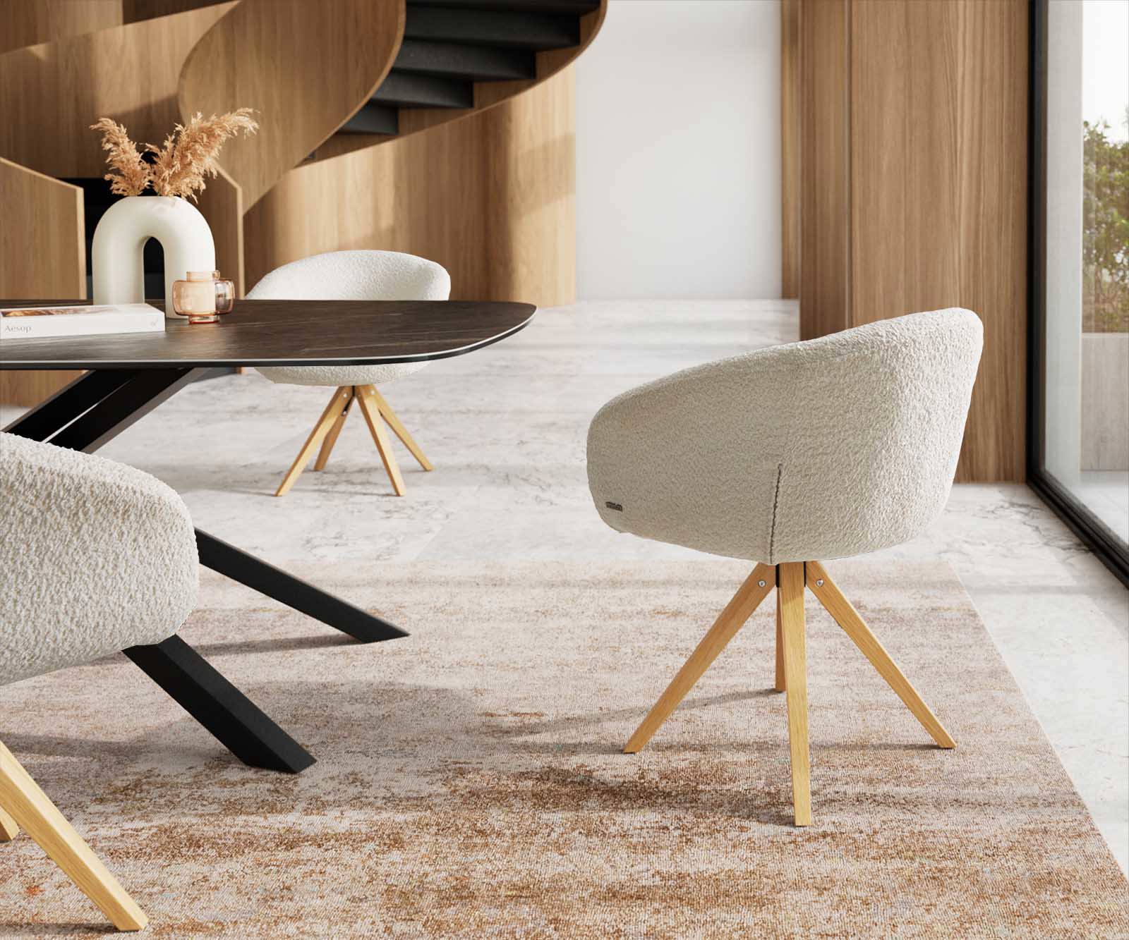 Draaistoel Vinka-Flex met armleuning bouclé wit houten frame hoekig natuur 180° draaibaar pocketveer kern 4 Draaistoel Vinka-Flex met armleuning bouclé wit houten frame hoekig natuur 180° draaibaar pocketveer kern 4