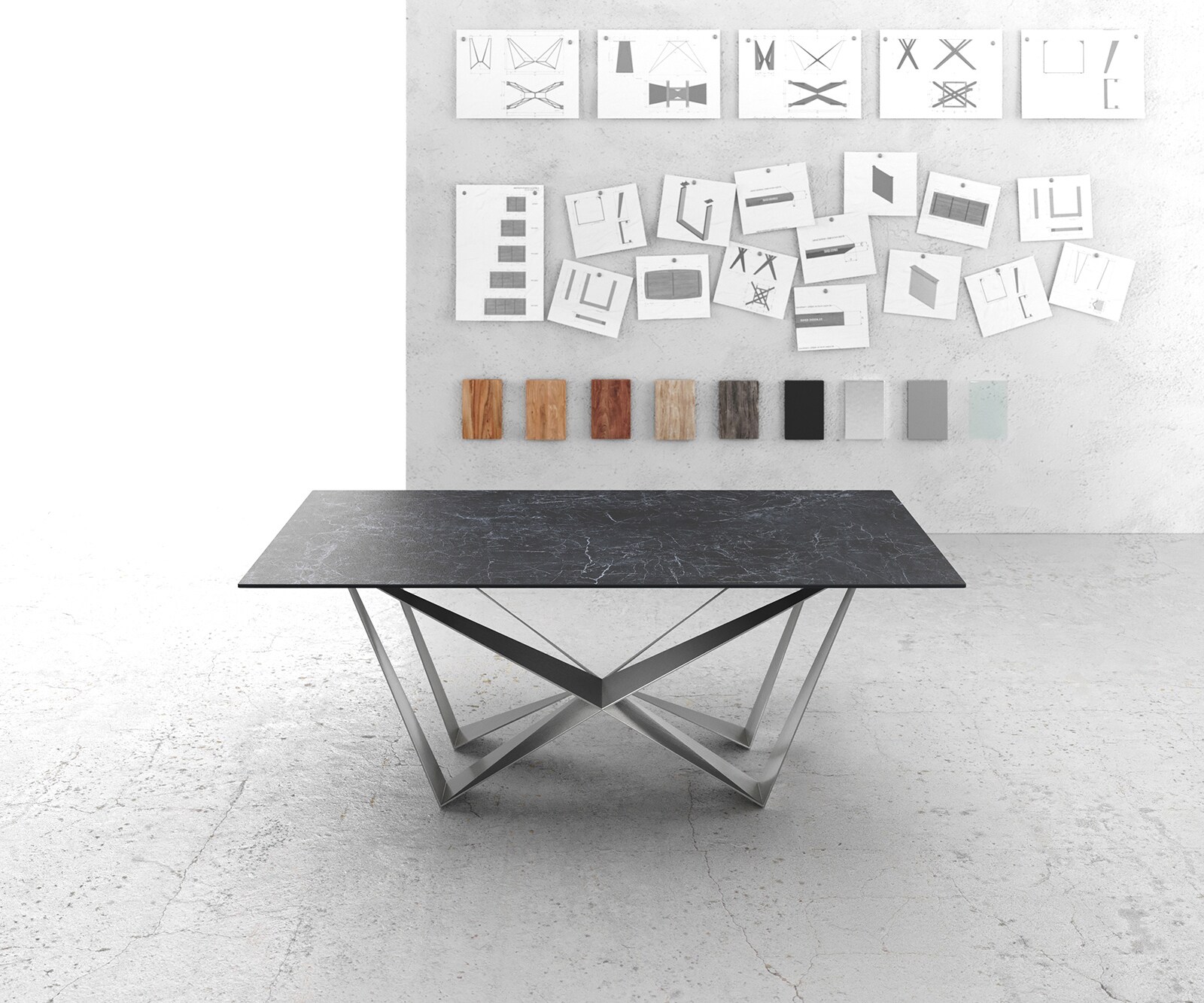 Eettafel Edge 200x100cm Laminam® keramiek grijs middenpoot vlak staal zilver 1