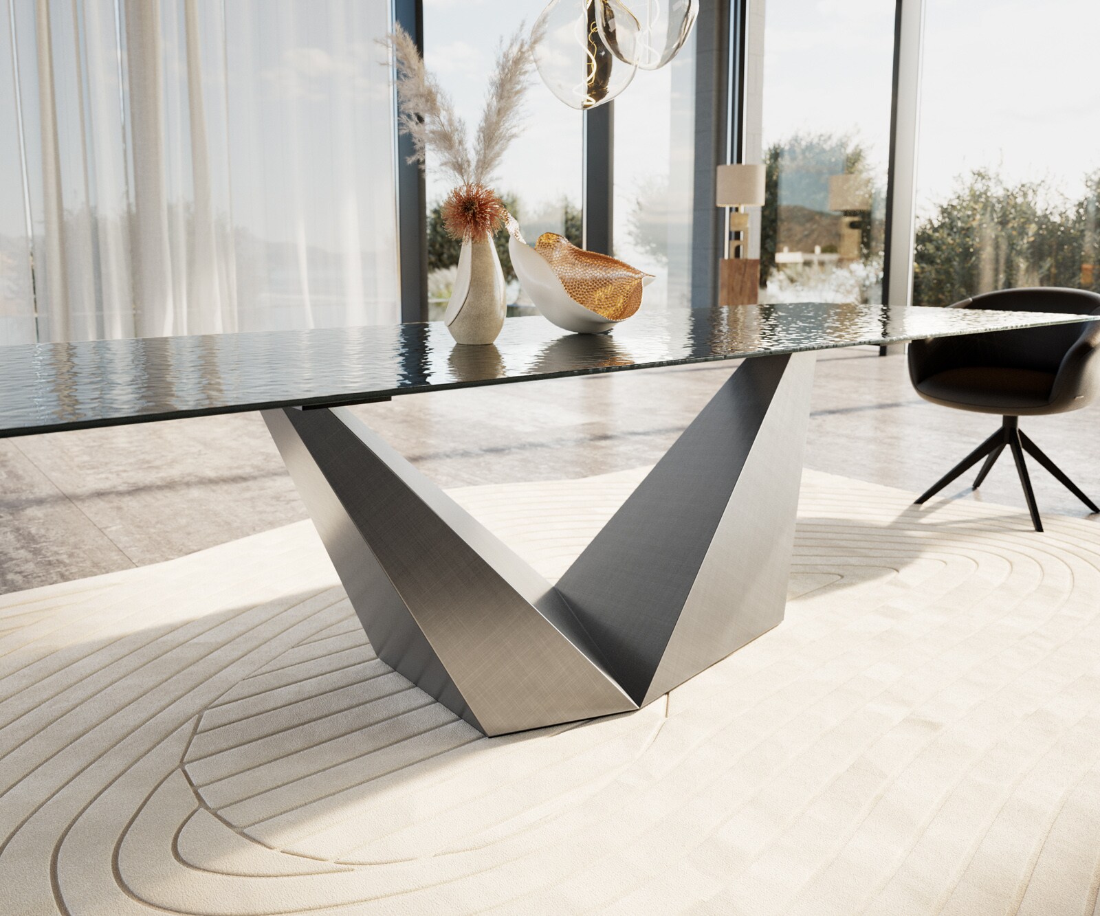 Eettafel Edge 300x100 Reliefglas zwart 3D-Design Prisma metaal zilver 4