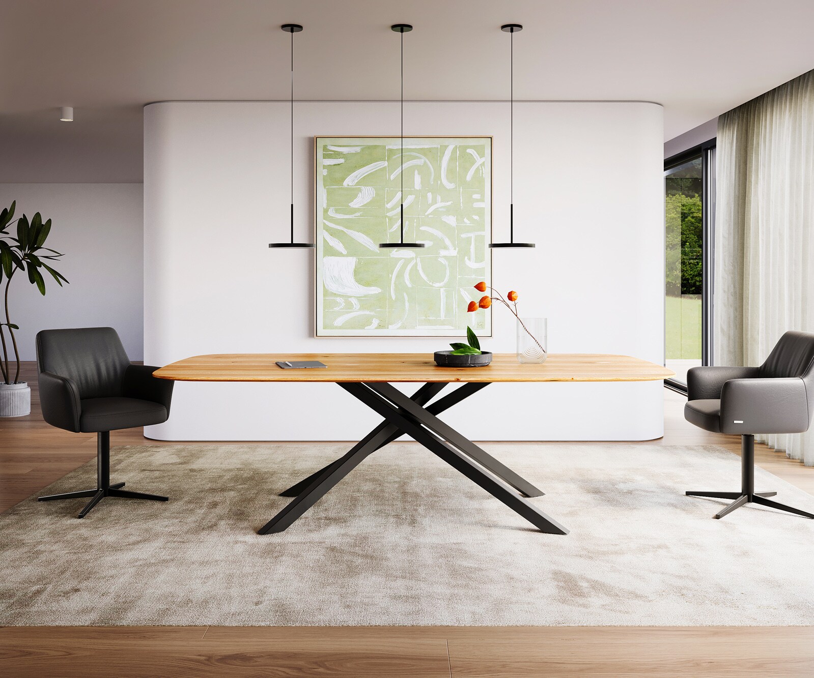 Eettafel Edge Boot 240x120x2,5-3 eiken natuur kruisframe rechthoek zwart Zwitserse rand