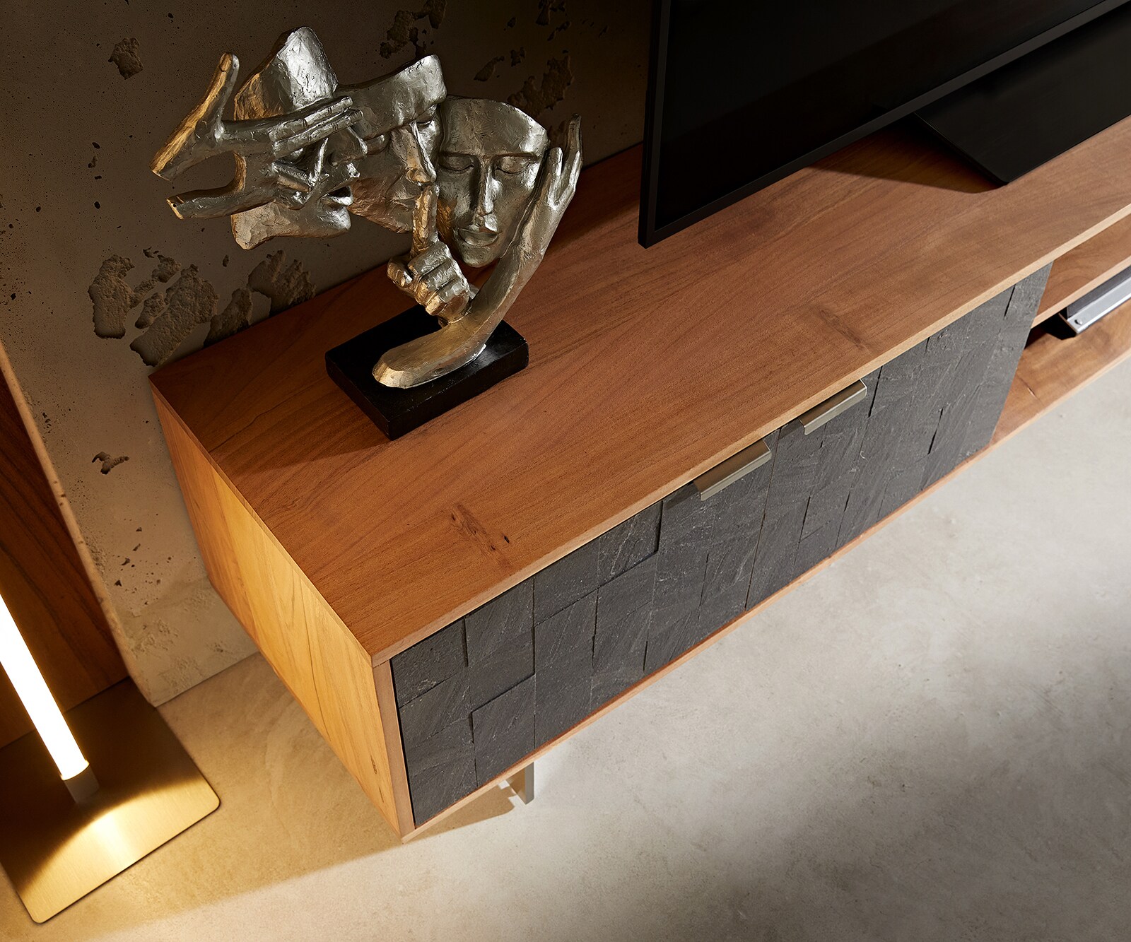 Tv-meubel Teele 240 cm acacia natuurleisteen 4 deurs poot drijvend roestvrij staal 3 Tv-meubel Teele 240 cm acacia natuurleisteen 4 deurs poot drijvend roestvrij staal 3