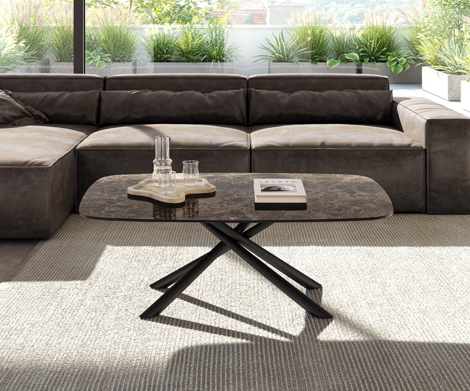 Salontafel Edge Boot 120x70 cm keramiek Laminam® Emperador Extra Lucidato donkerbruin Sarity zwart metaal 2