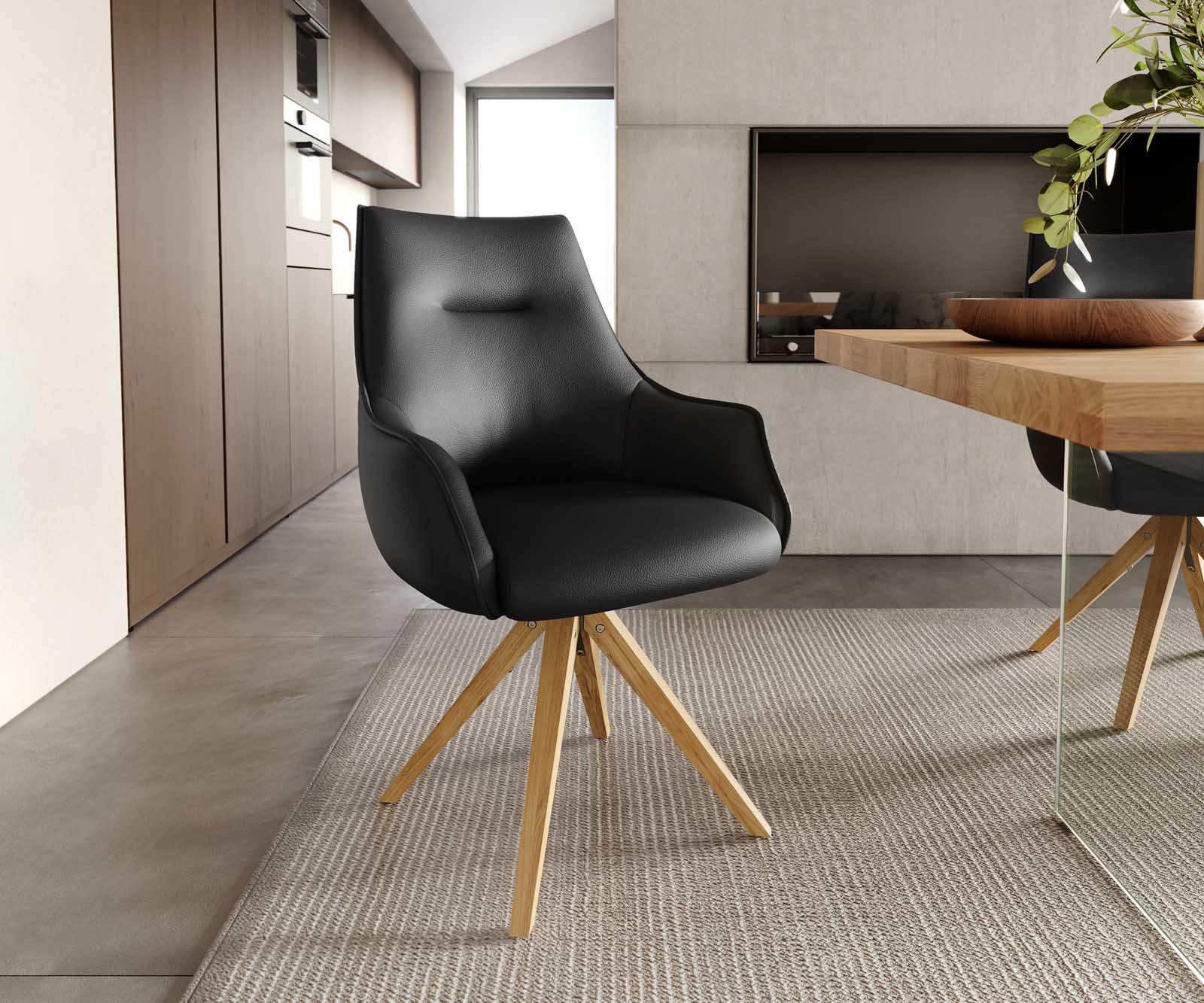 Draaistoel Alja-Flex met armleuning echt leer zwart houten frame hoekig natuur 180° draaibaar pocketveer kern