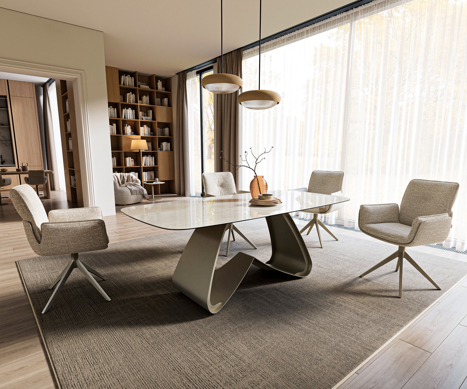 Eettafel Edge boot 200x100 cm keramiek Onyx Champagne W-onderstel metaal effectfinish titan 7