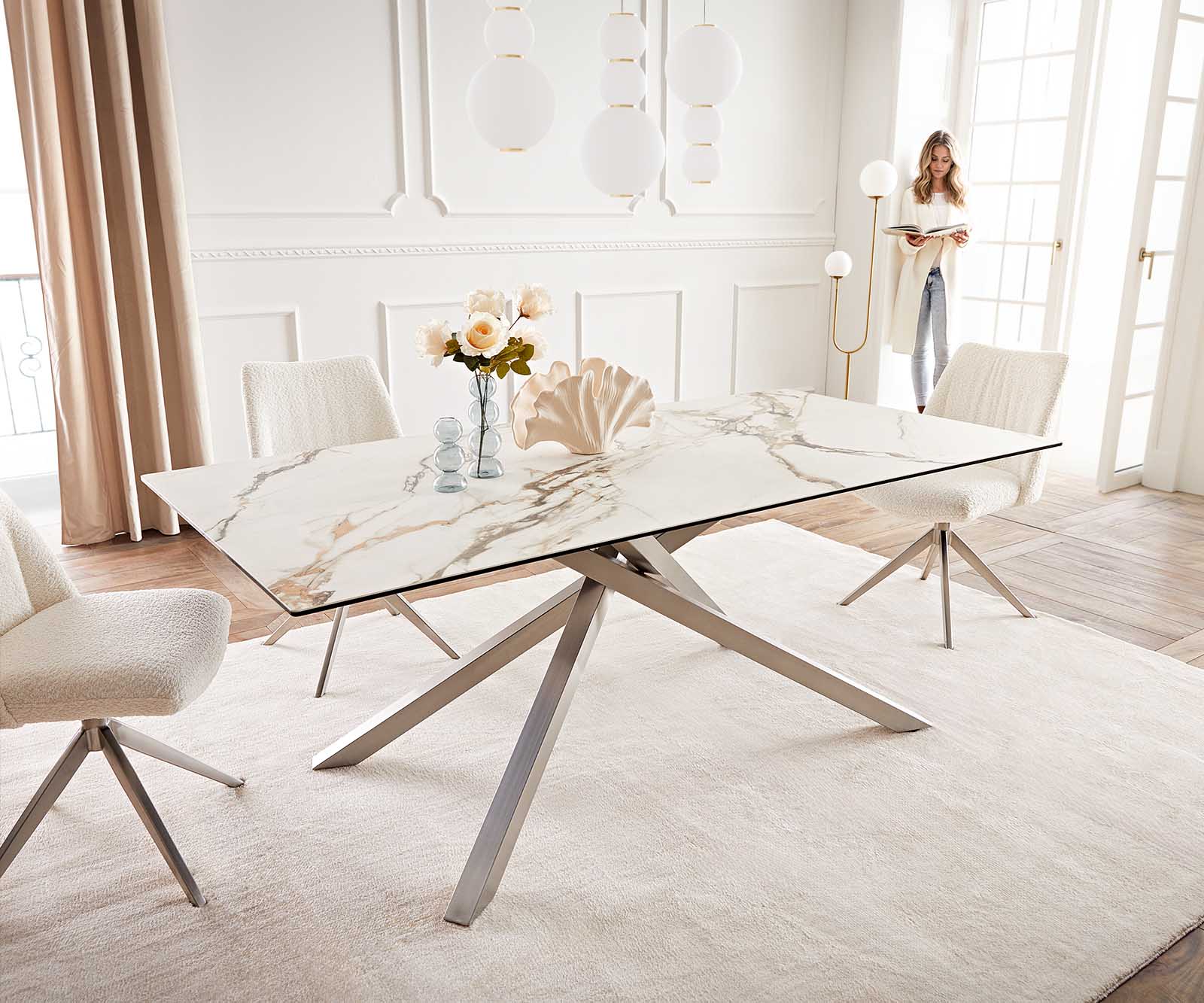 Eetkamertafel Edge 200x100 keramiek Calacatta Luxe wit-goud-grijs kruisframe rechthoek RVS 1