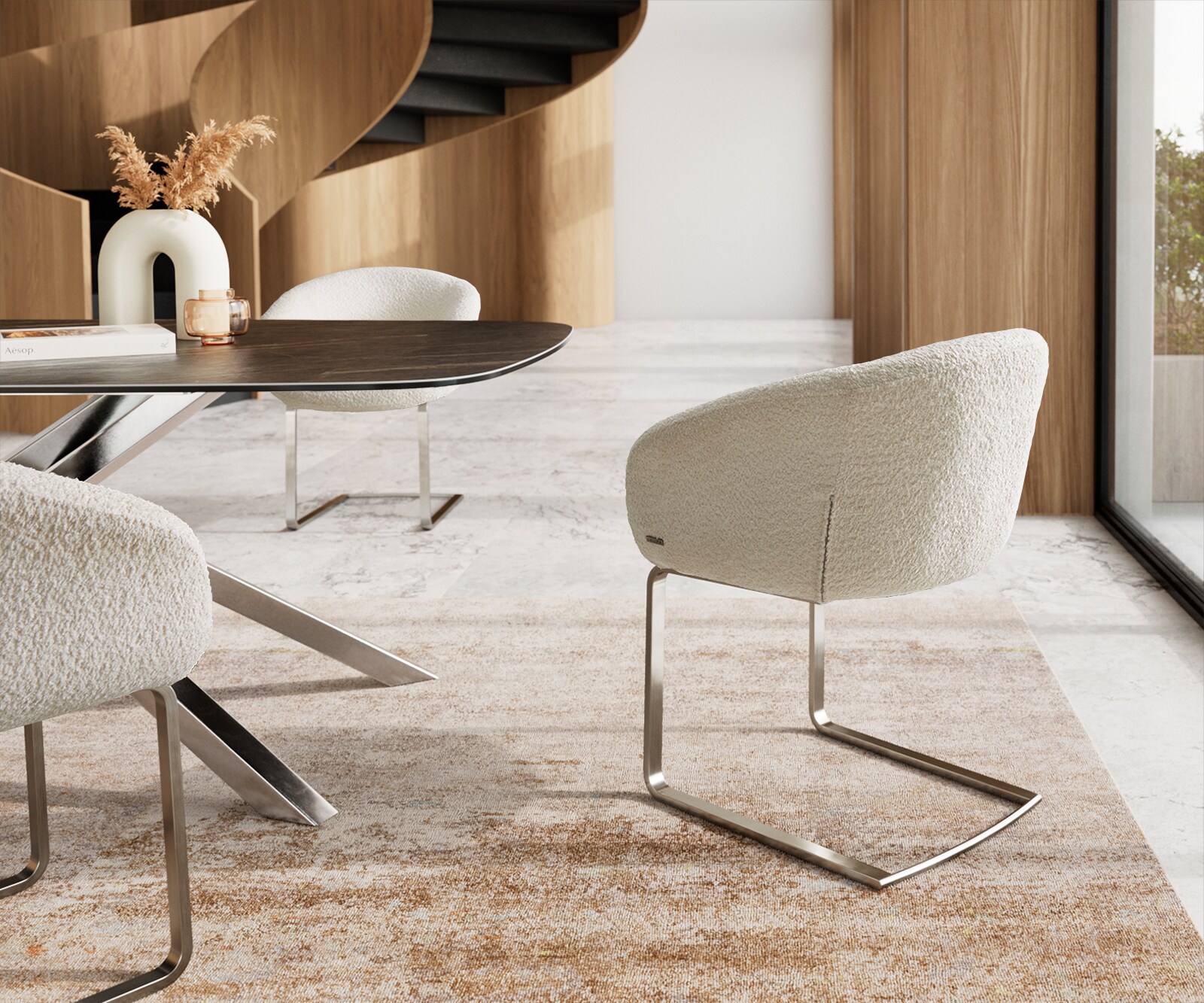 Sledemodel Vinka-Flex met armleuning bouclé wit sledemodel vlak roestvrij staal pocketveer kern 4 Sledemodel Vinka-Flex met armleuning bouclé wit sledemodel vlak roestvrij staal pocketveer kern 4