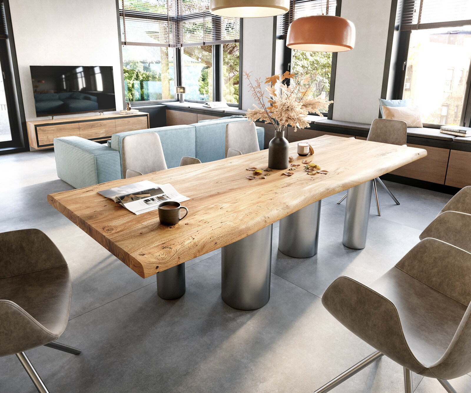 Eetkamertafel Edge 280x100 XL acacia natuurPilier roestvrij staal geborsteld Live-Edge
