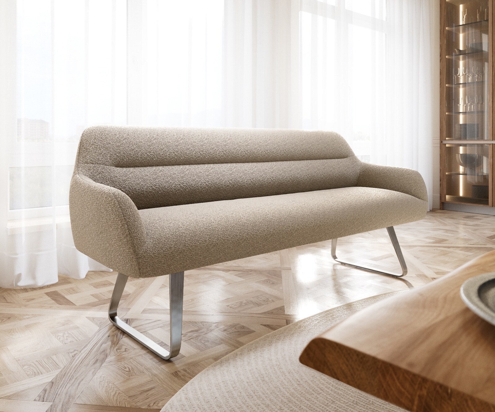 Eetkamerbank Taya-Flex 200 cm bouclé mud platte sledebasis roestvrij staal pocketvering 1