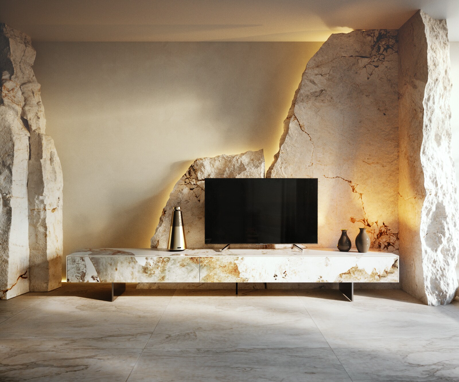 Tv-meubel Cuor 250 cm Keramiek Minas Melange Wit-beige 1 Flap 1 Lade Zwevende voet look Roestvrij staal 1