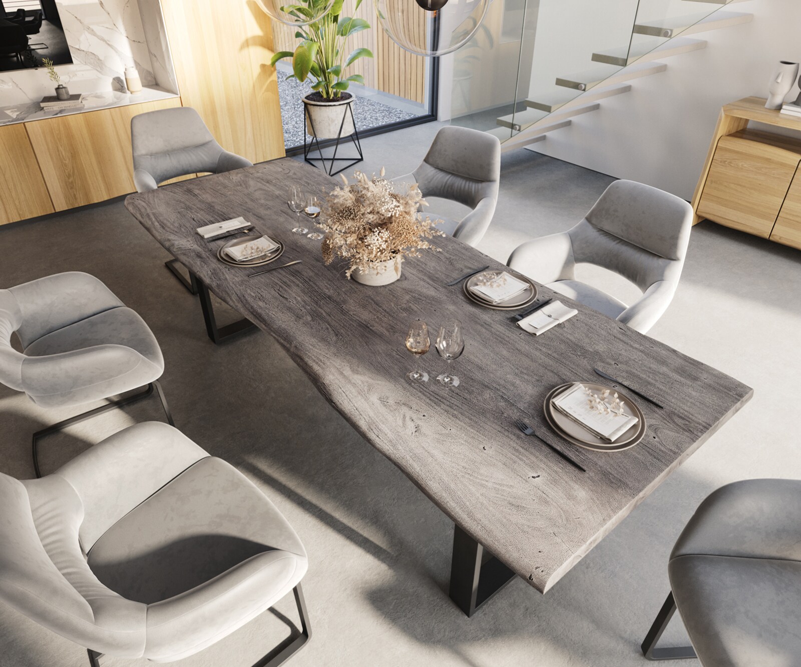Eettafel Edge 260x100 XL acacia platina  skid  zwart  Live-Edge 3