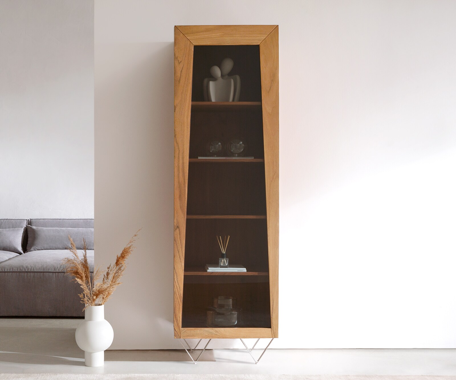 Hoge kast Kayu 55x180 cm acacia natuur glaskast 1 deur V-poot 1 Hoge kast Kayu 55x180 cm acacia natuur glaskast 1 deur V-poot 1