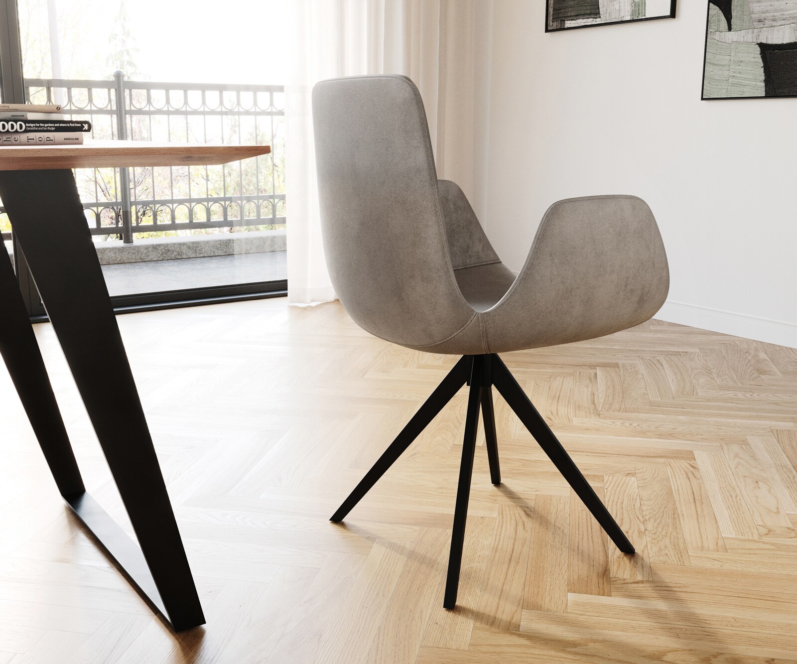 Eetkamerstoel Ilia-Flex met armleuning fluweel grijs kruisframe hoekig zwart 4 Eetkamerstoel Ilia-Flex met armleuning fluweel grijs kruisframe hoekig zwart 4