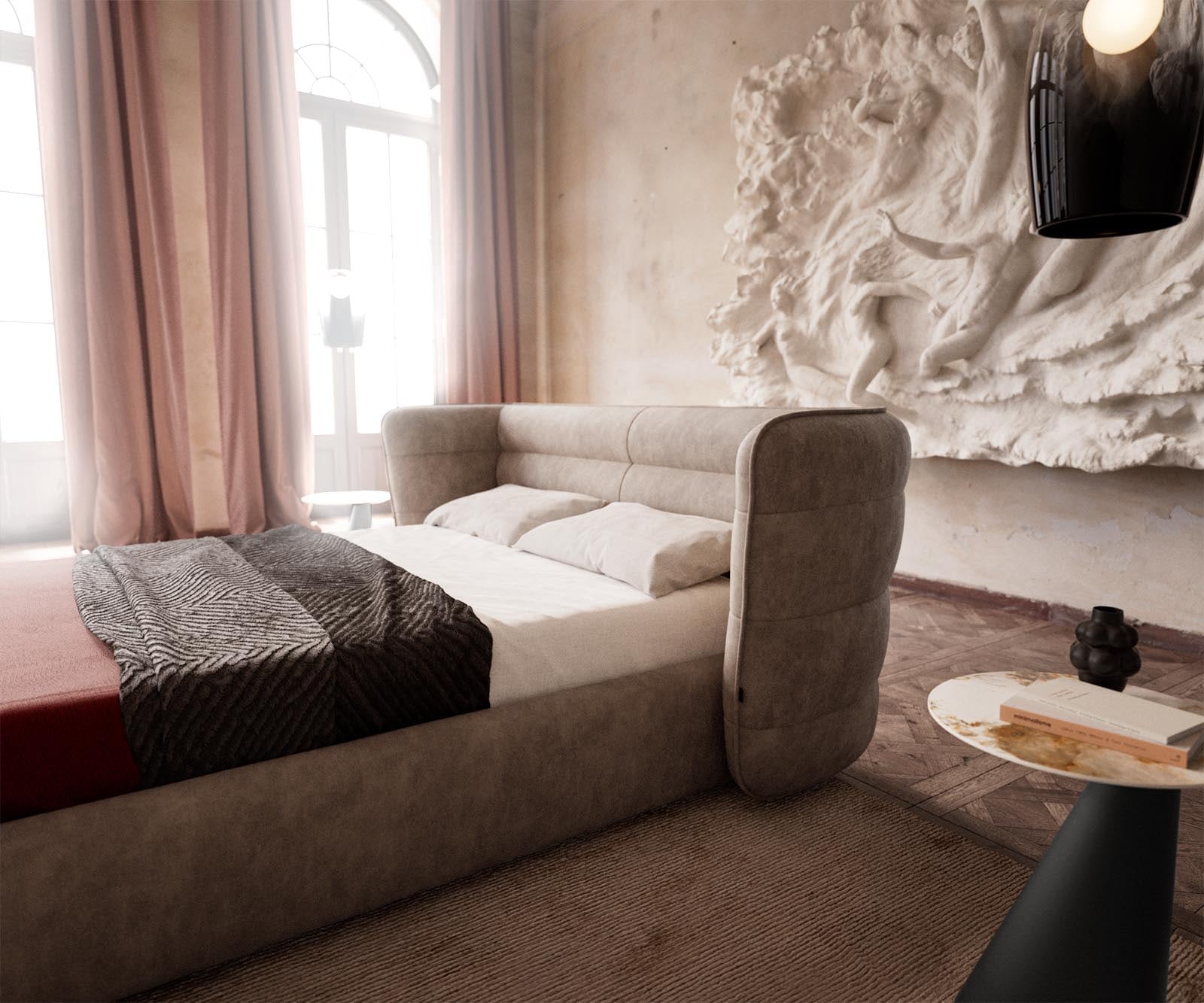 Gestoffeerd bed Simea 140x200 cm microvezel taupe vintage 4 Gestoffeerd bed Simea 140x200 cm microvezel taupe vintage 4