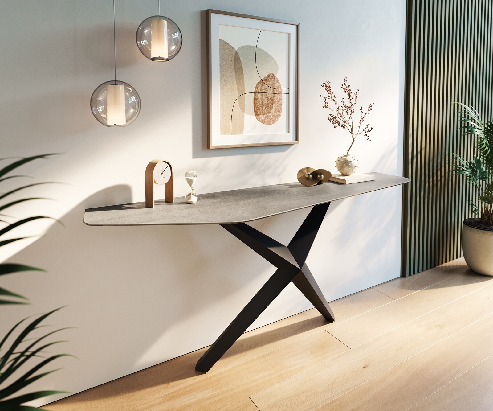 Consoletafel Edge Polygonaal 180x50 cm Keramiek Betongrijs Zentharo Metaal Zwart 1