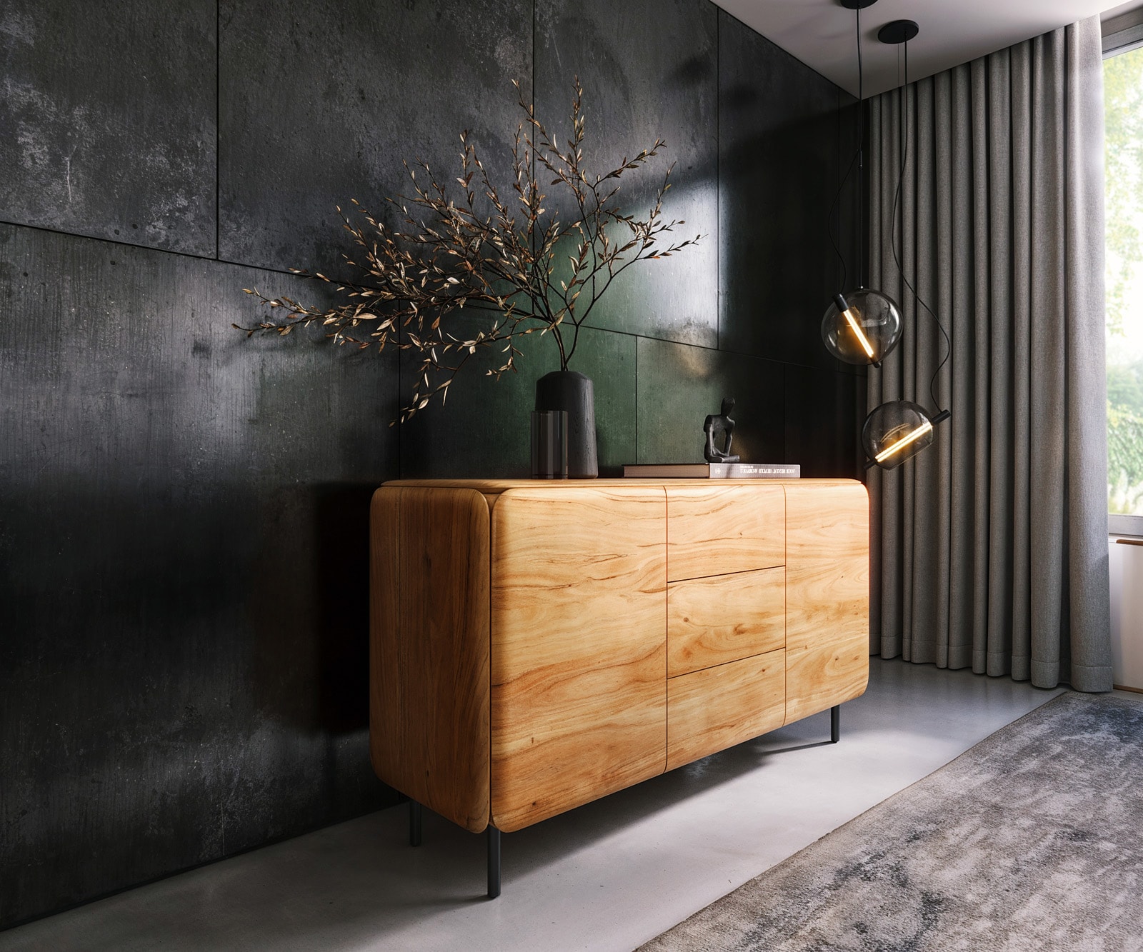 Dressoir Shavani 145 cm natuur acacia 2 deuren 3 laden metaal zwart