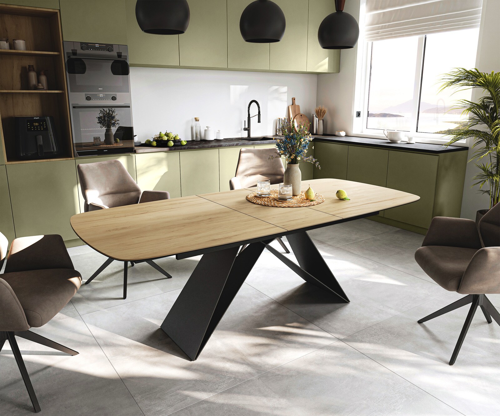 Eettafel Edge Boot 180-220x100 cm Keramiek Laminam® Sabbia Eichefarbig V-onderstel Flachstahl Zwart uitschuifbaar 1
