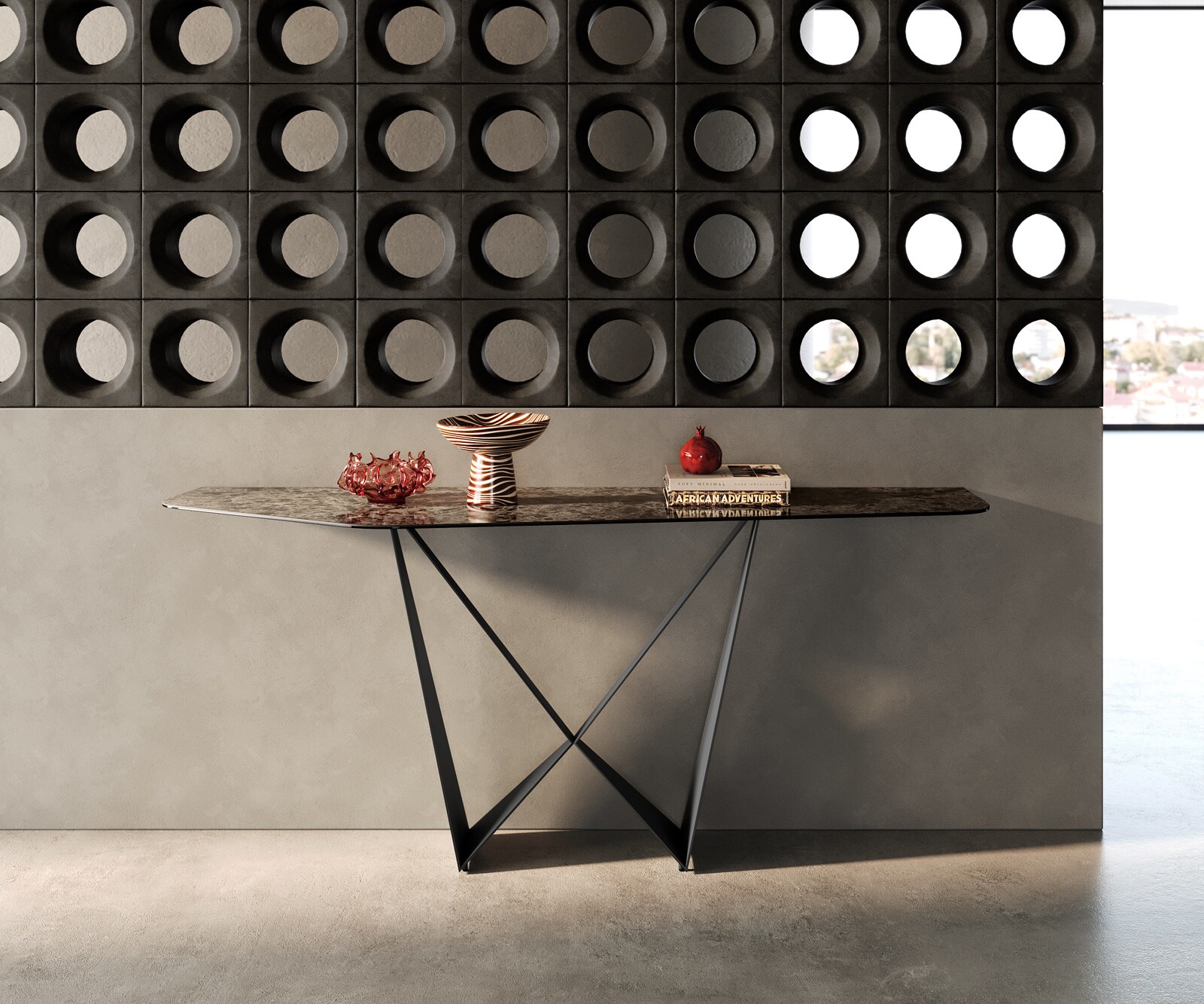 Consoletafel Edge Polygonaal 180x50 cm Keramiek Emperador Extra Lucidato Dunkelbraun Spios Metaal Zwart 1