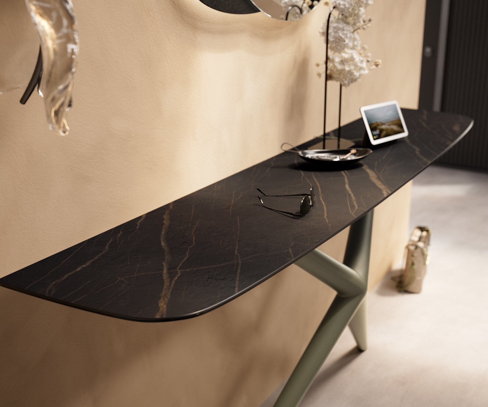Consoletafel Edge Bootvorm 180x40 cm Keramiek Laminam® Noir Desir Braun Estelo Metaal Effektfinish Titan 6