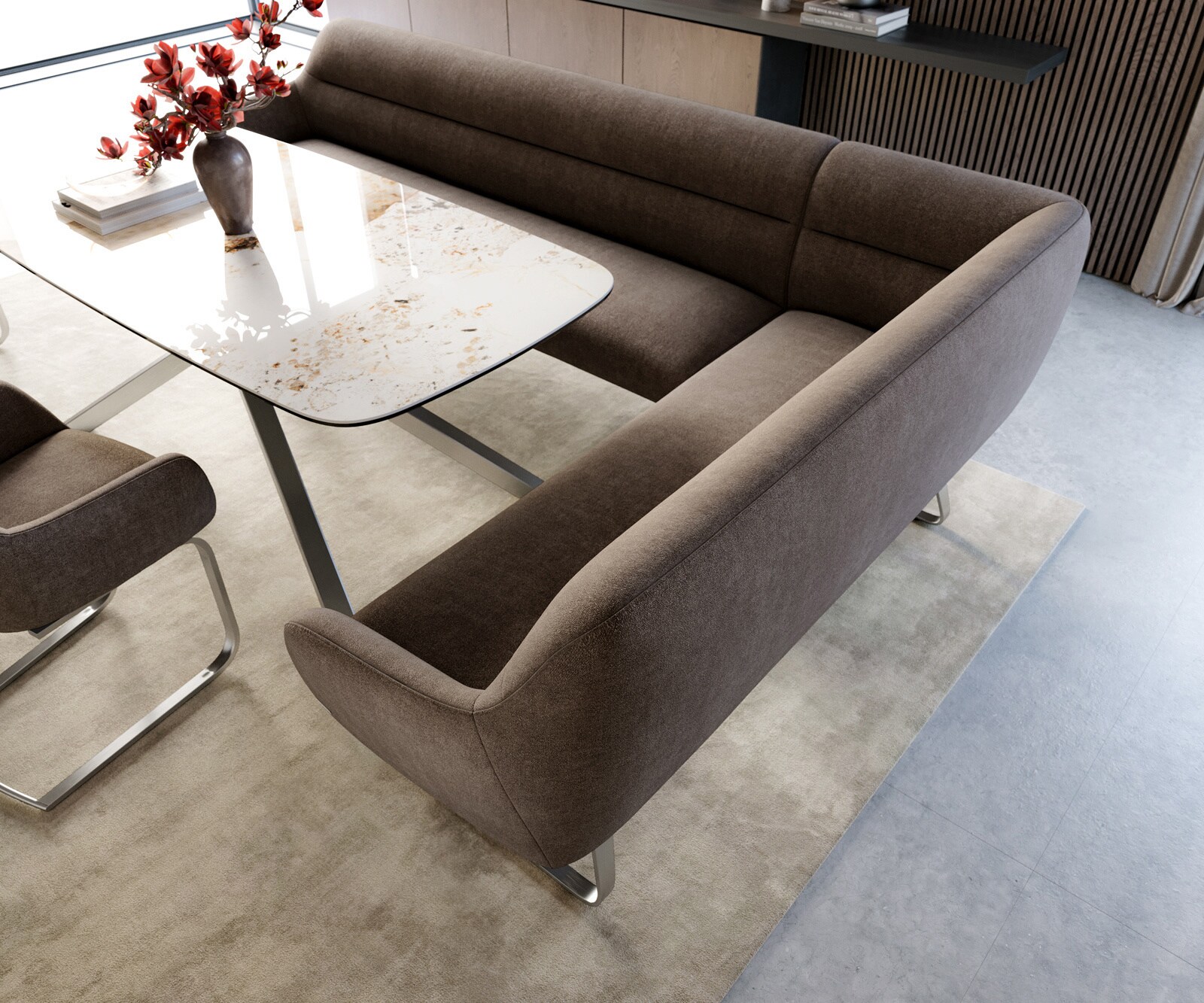 Eetkamerbank Taya-Flex 285x190 cm zachte stof met structuur taupe platte sledebasis roestvrij staal pocketvering links 4