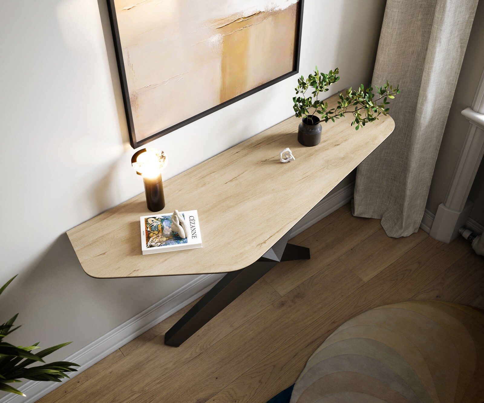 Consoletafel Edge Polygonaal 140x50 cm Keramiek Laminam® Sabbia Eichefarbig Zentharo Metaal Zwart 2