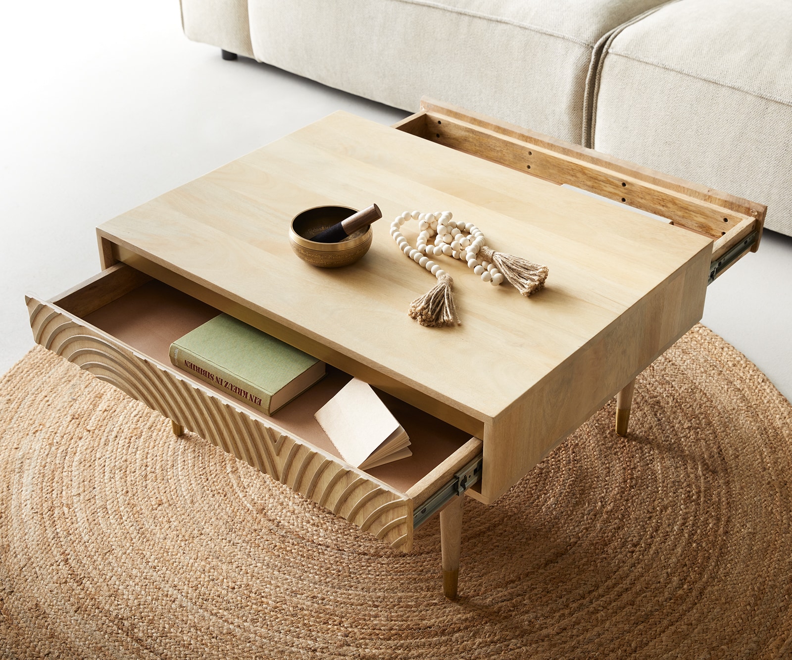 Salontafel Budaya mango natuur 80x60 cm 2 schuifladen poot rond 4 Salontafel Budaya mango natuur 80x60 cm 2 schuifladen poot rond 4