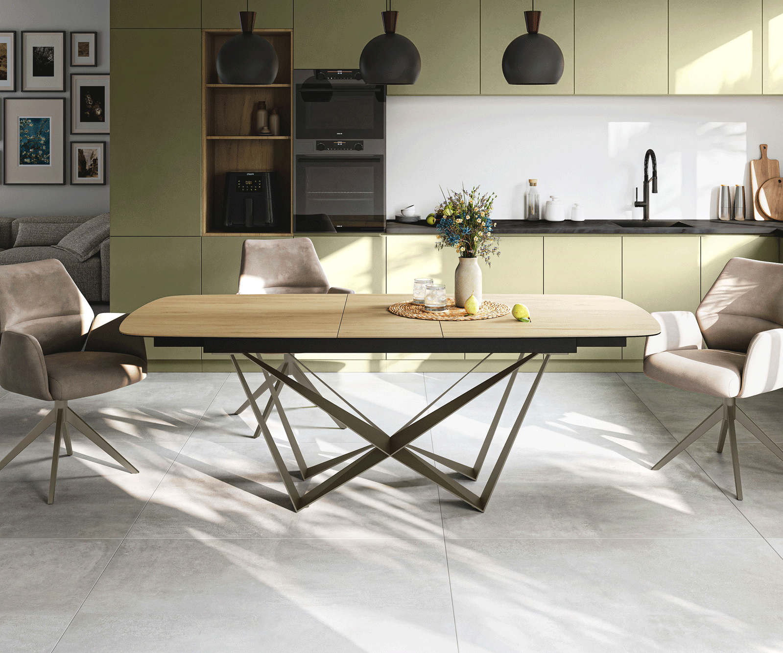Eettafel Edge Boot 180-220x100 cm Keramiek Laminam® Sabbia Eichefarbig Spider Metaal Effectafwerking Titan uitschuifbaar 2