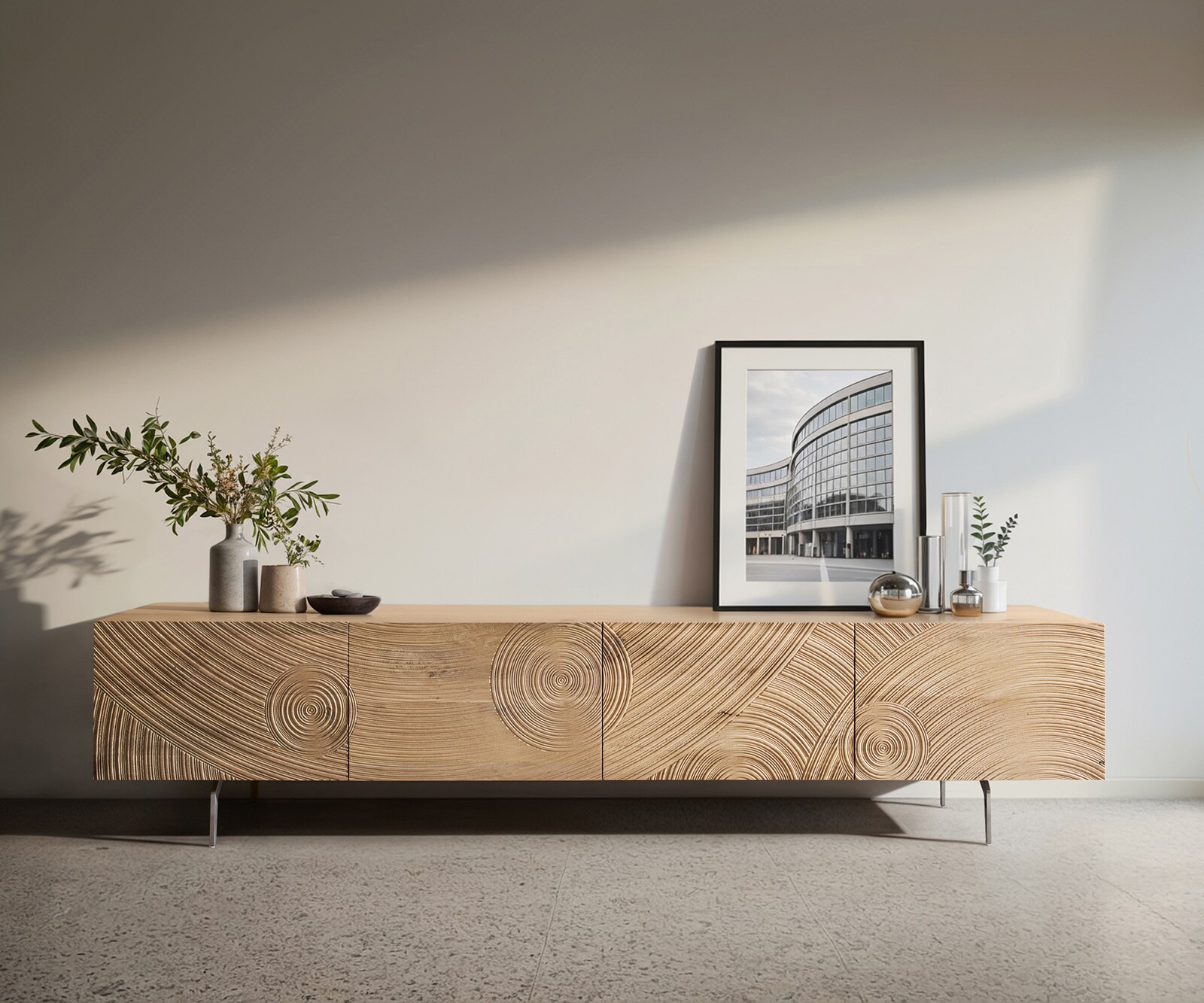 TV-meubel Ashara 220 cm eiken natuur 3D-effect 4 deuren hoekpoot geborsteld RVS