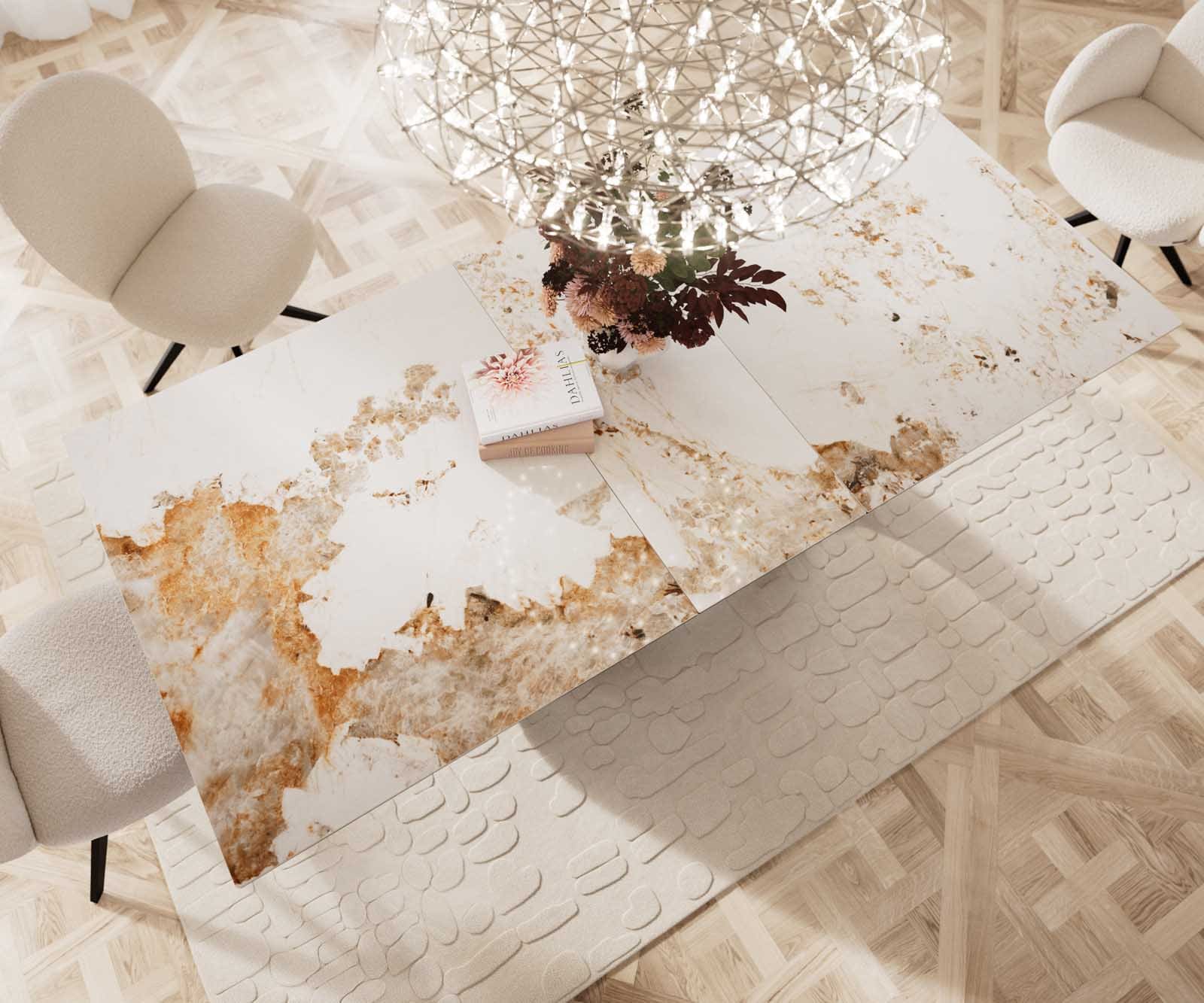 Eettafel Edge 180-220x100 keramiek Minas Melange wit-beige W-frame effect afwerking titanium Uitschuifbaar 5 Eettafel Edge 180-220x100 keramiek Minas Melange wit-beige W-frame effect afwerking titanium Uitschuifbaar 5