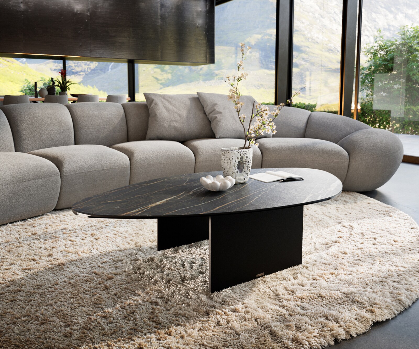 Salontafel Edge Organisch 140x76 cm keramiek Laminam® Noir Desir bruin Salto zwart metaal 1