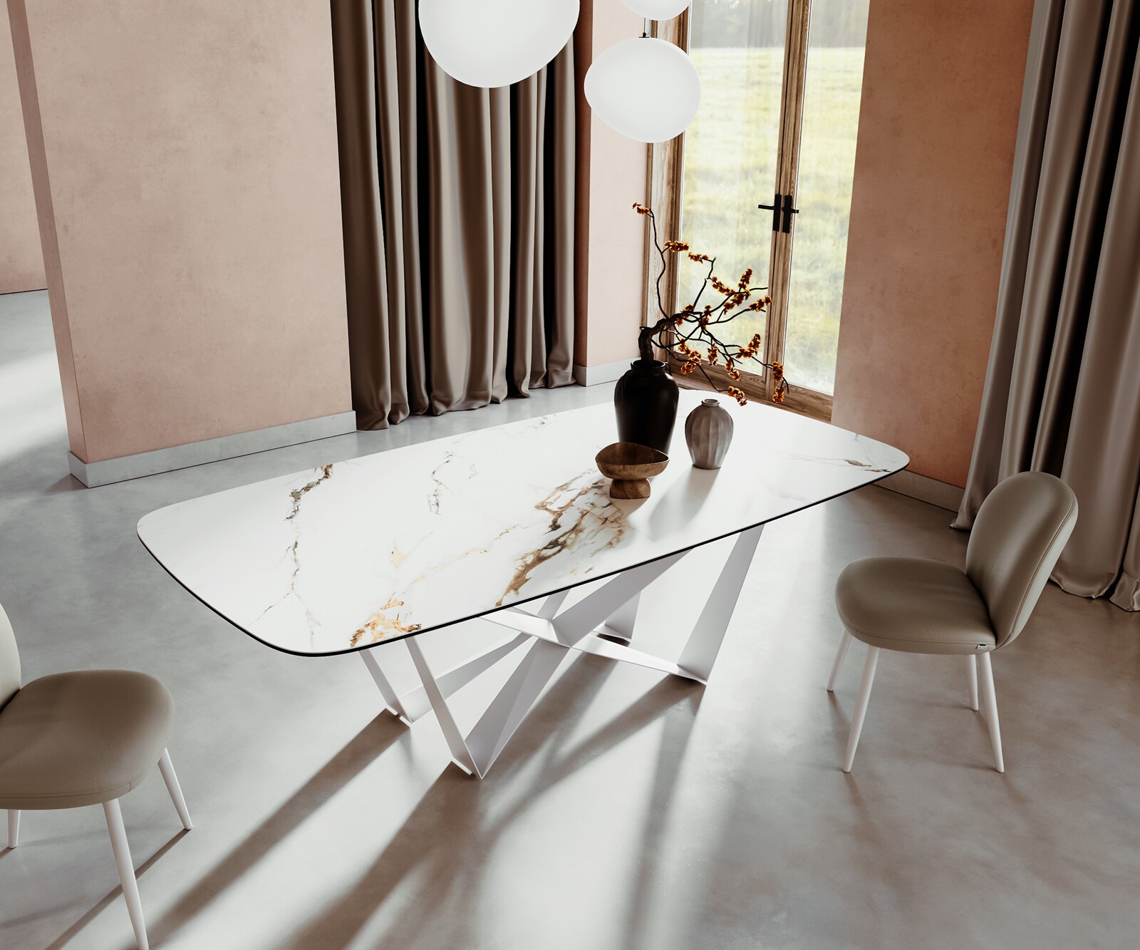 Eetkamertafel Edge Boot 240x120 cm Keramiek Calacatta Luxe Wit-Goud-Grijs Spider Metaal Wit 1