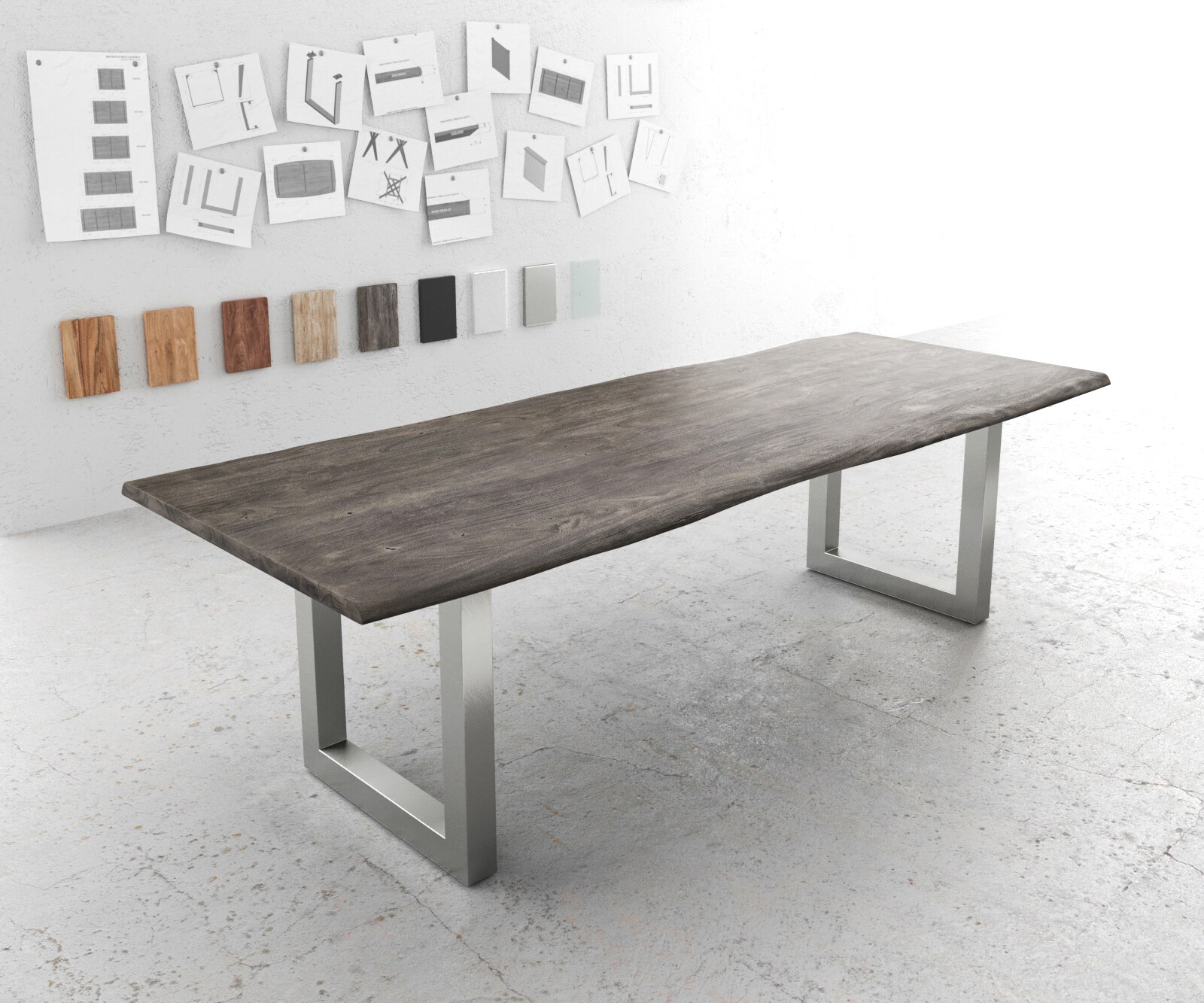 Eettafel Edge 260x100 acacia platina roestvrijstaal breed Live-Edge 1