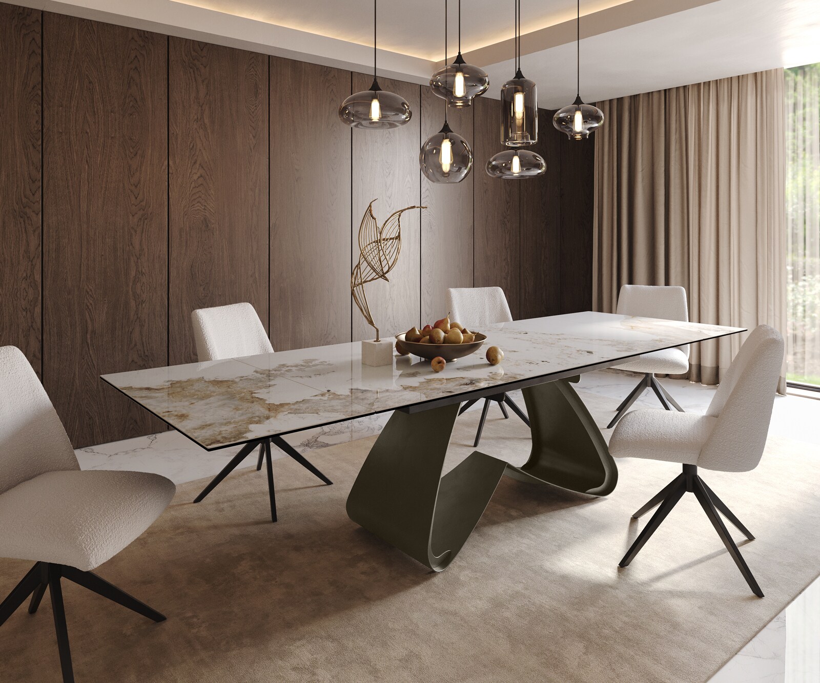Eettafel Edge 200-300x100 Keramiek Minas Melange Wit-beige W-frame Effectafwerking Titanium Uitschuifbaar