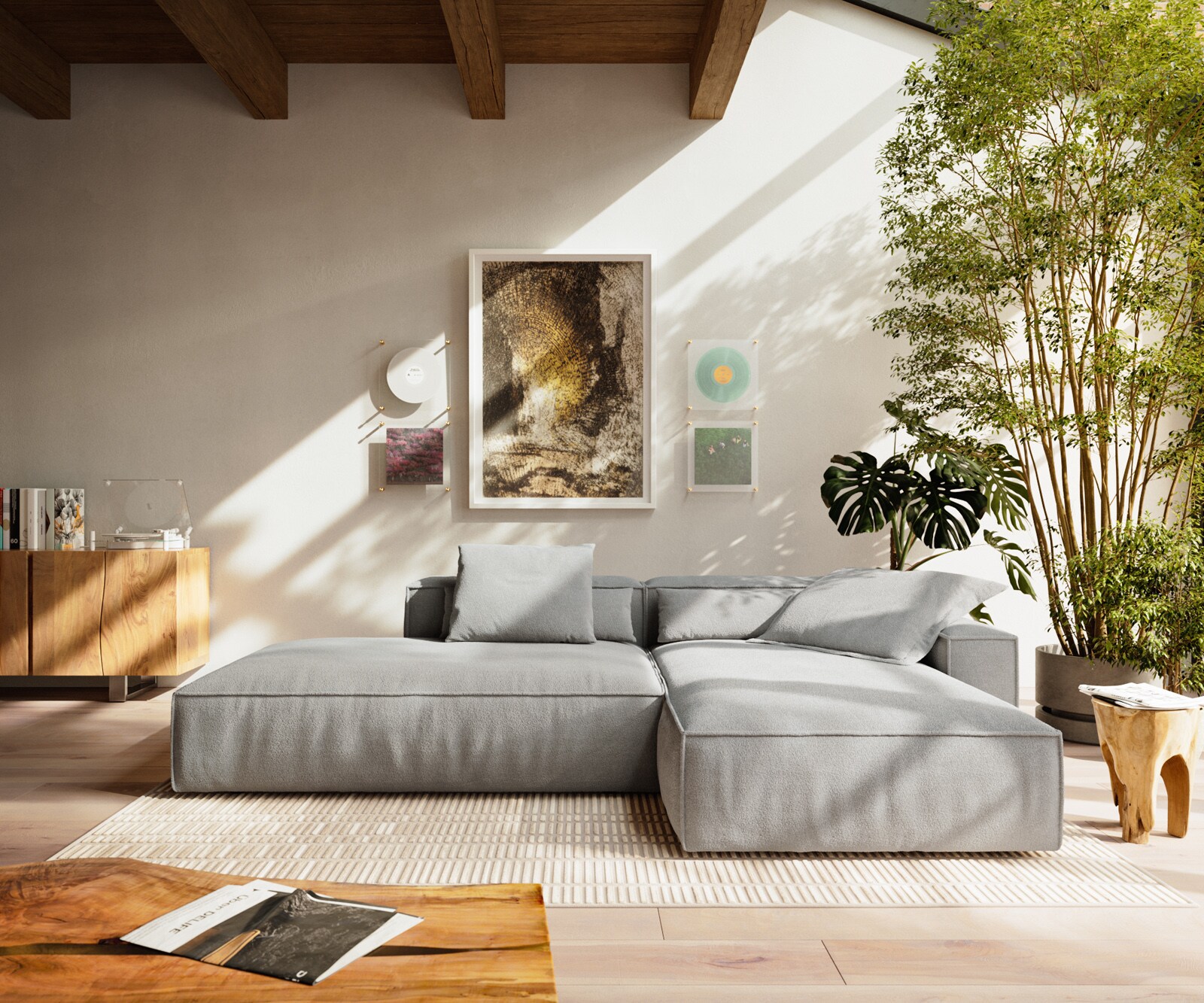 Hoekbank Freestyle 310x200 cm Zachte stof met structuur Grijs kedernaad 1