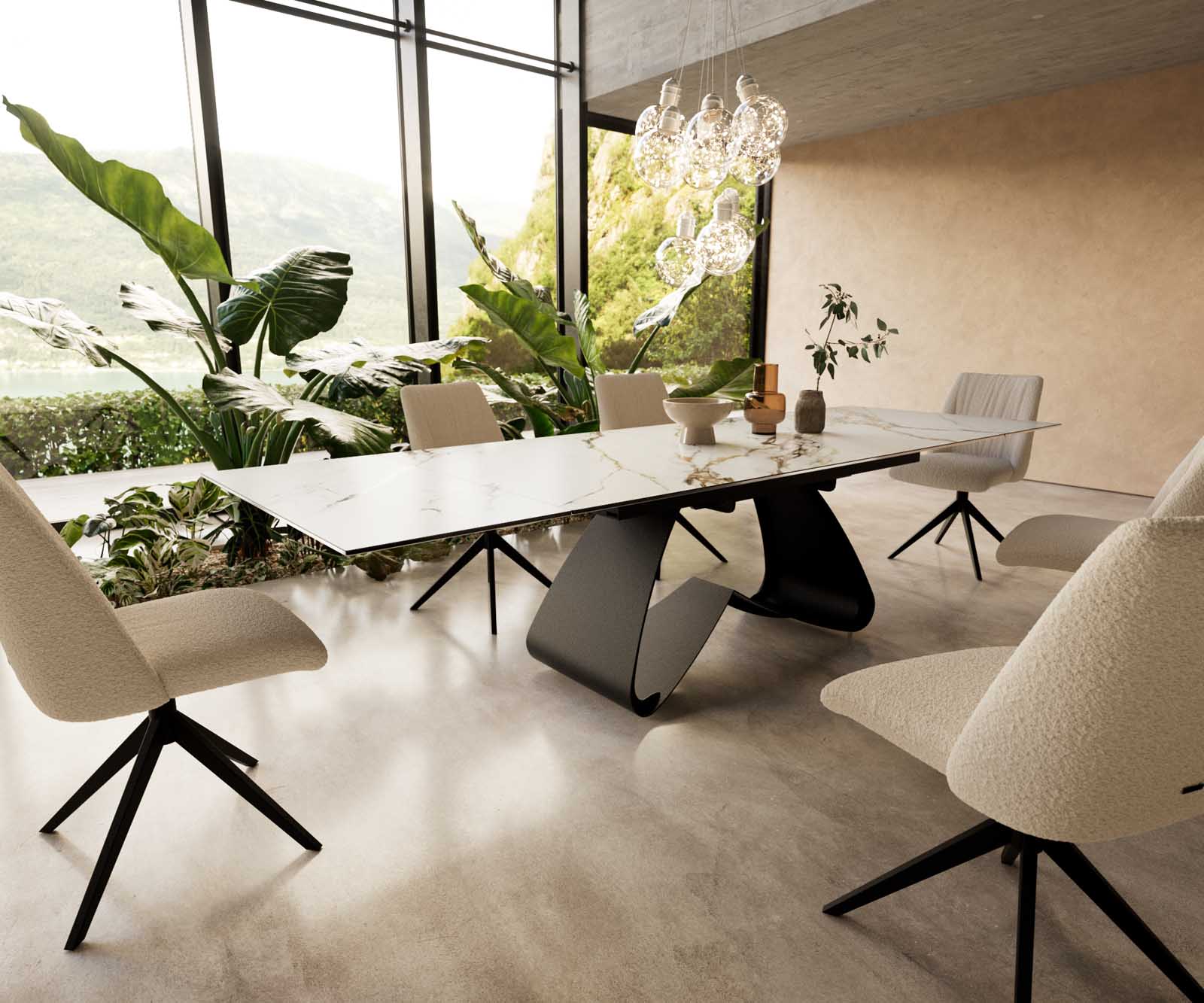 Eetkamertafel Edge 200-300x100 keramiek Calacatta Luxe wit-goud-grijs W-frame zwart uitschuifbaar Eetkamertafel Edge 200-300x100 keramiek Calacatta Luxe wit-goud-grijs W-frame zwart uitschuifbaar