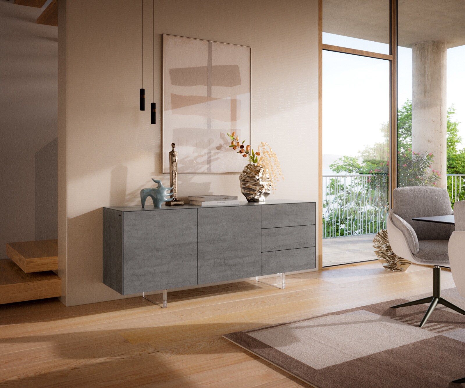 Dressoir Cuor 180 cm Keramiek Beton Grijs 2 Deuren 3 Laden Zwevende voet look Acrylglas 1