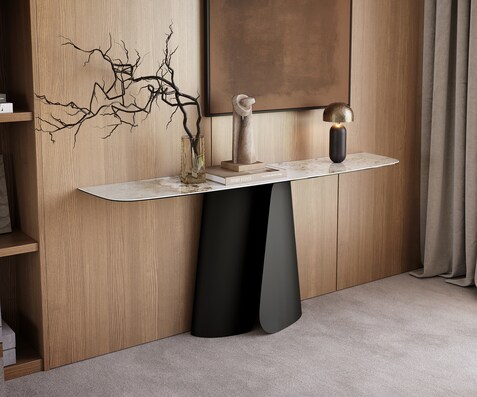 Consoletafel Edge Bootvorm 180x40 cm Keramiek Minas Melange Weiß-Beige Livos Metaal Zwart