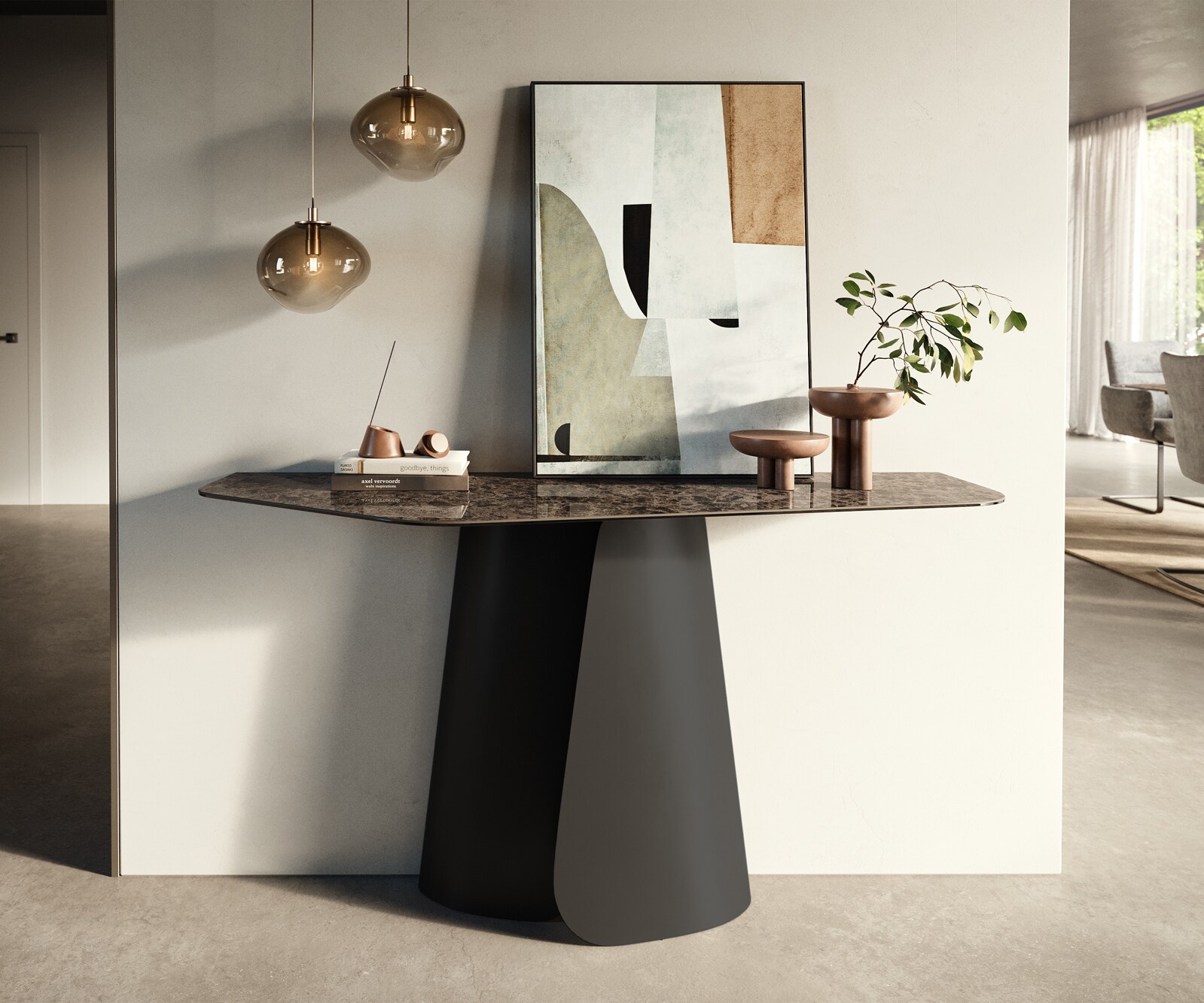 Consoletafel Edge Polygonaal 140x50 cm Keramiek Emperador Extra Lucidato Dunkelbraun Livos Metaal Zwart
