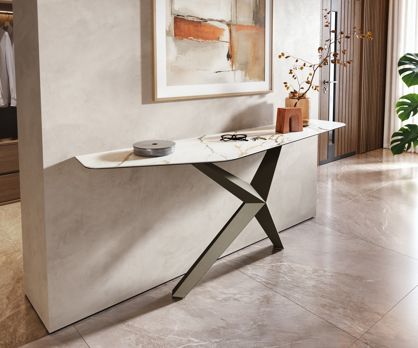 Consoletafel Edge Polygonaal 180x50 cm Keramiek Calacatta Luxe Weiß-Gold-Grijs Zentharo Metaal Effektfinish Titan 1