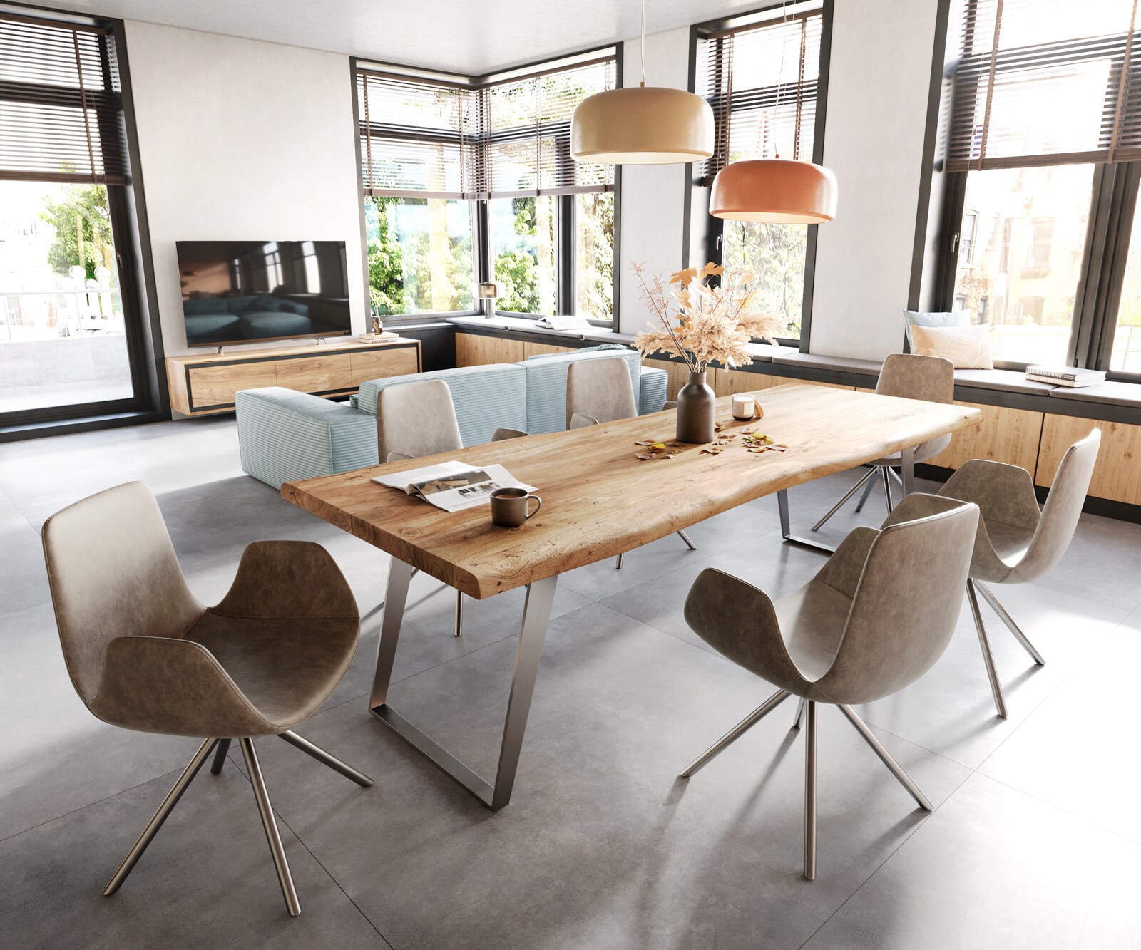 Eettafel Edge 260x100cm XL acacia natuur roestvrijstaal zilver schuin Live-Edge 6