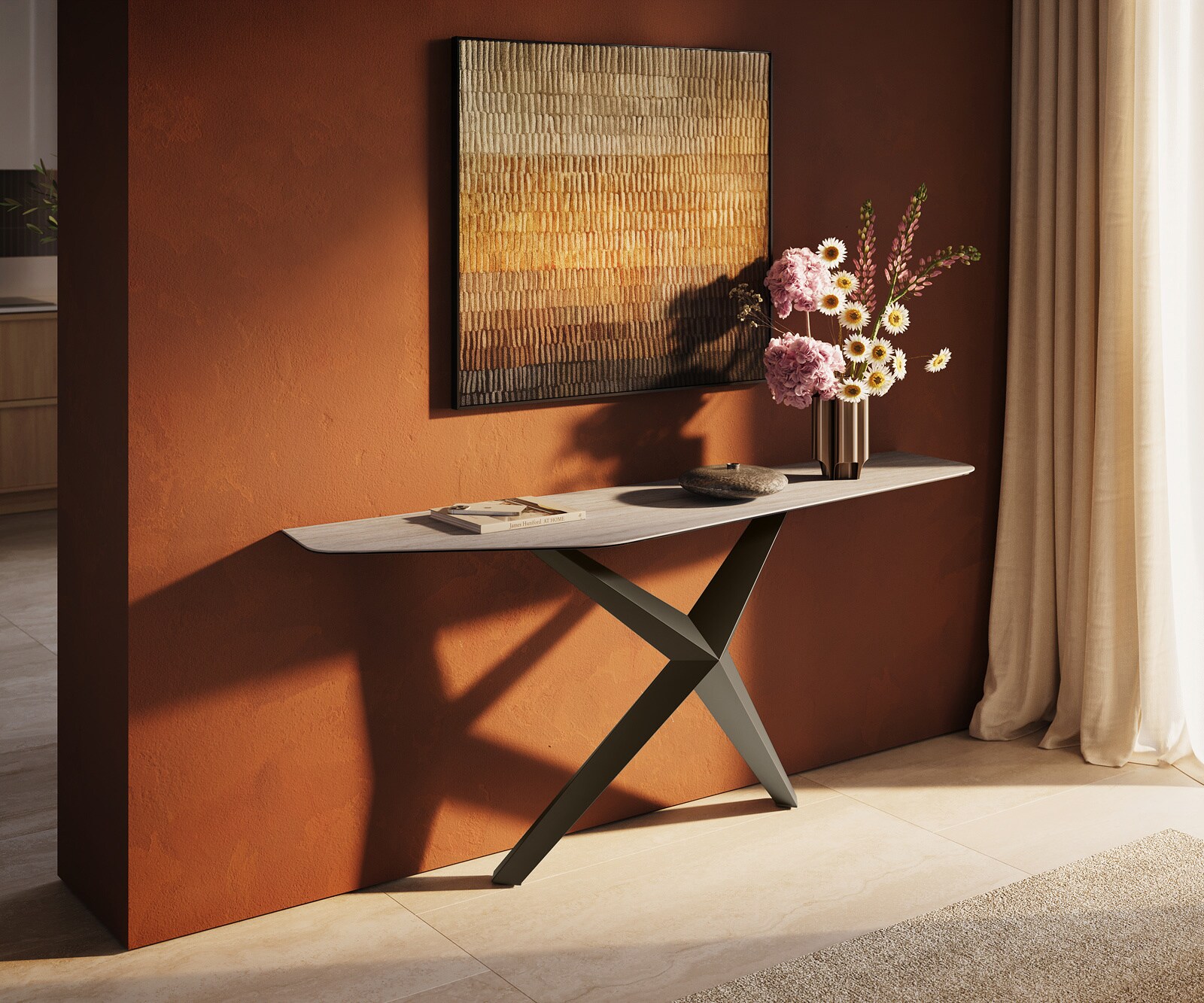Consoletafel Edge Polygonaal 180x50 cm Keramiek Laminam® Travertino Bianco Creme-Weiß Zentharo Metaal Effektfinish Titan 4
