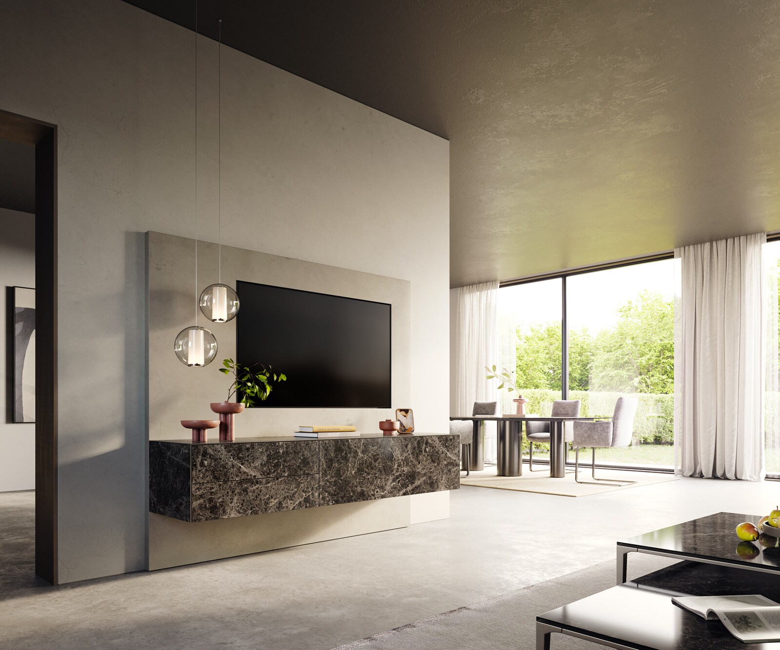 Tv-meubel Cuor 180 cm Keramiek Laminam® Emperador Extra Lucidato Donkerbruin 1 Flap 2 Laden Zwevend 7