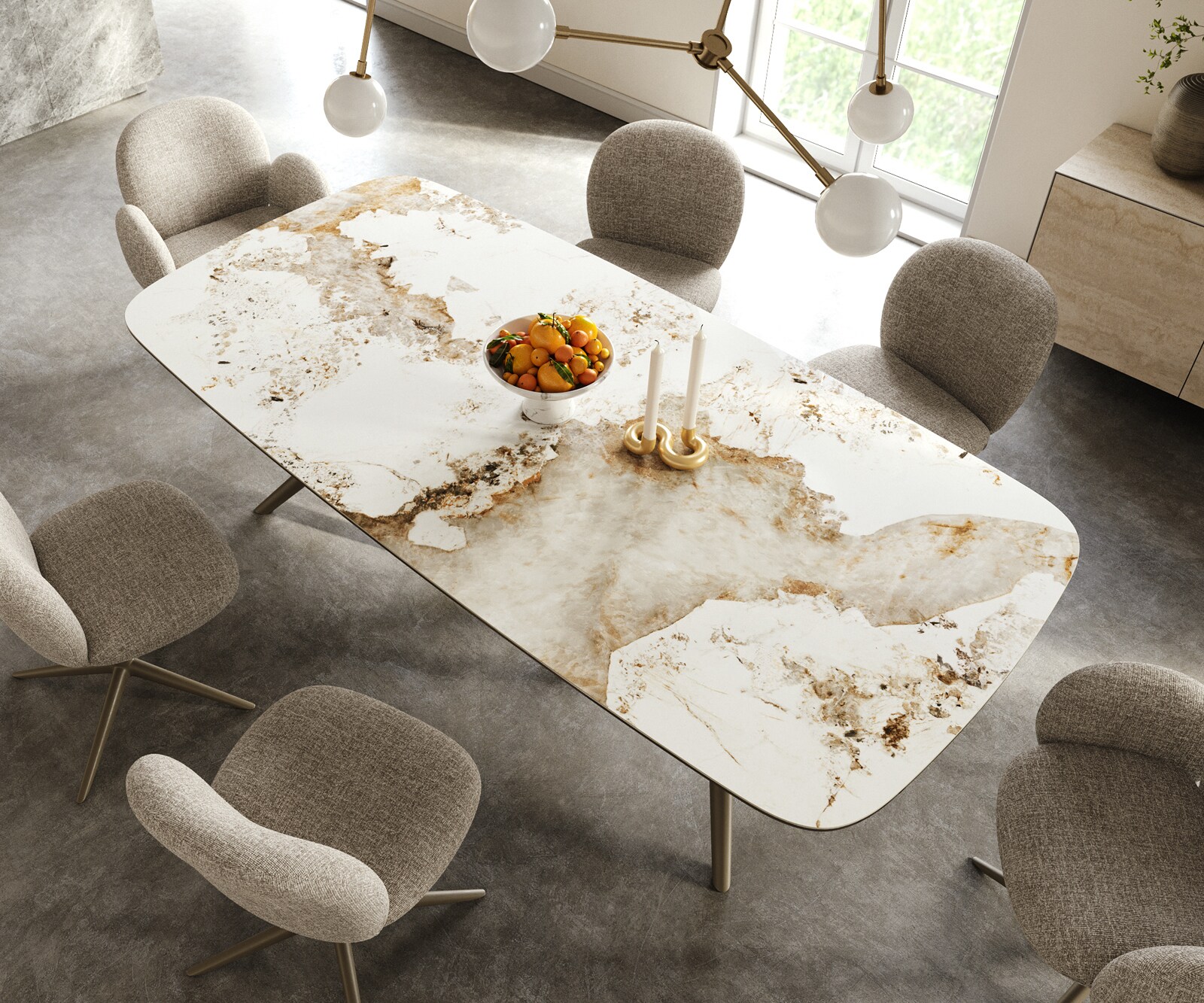 Eettafel Edge Boot 240x120 cm Keramiek Minas Melange Wit-Beige Estelar rond Metaal Effectafwerking Titan 3