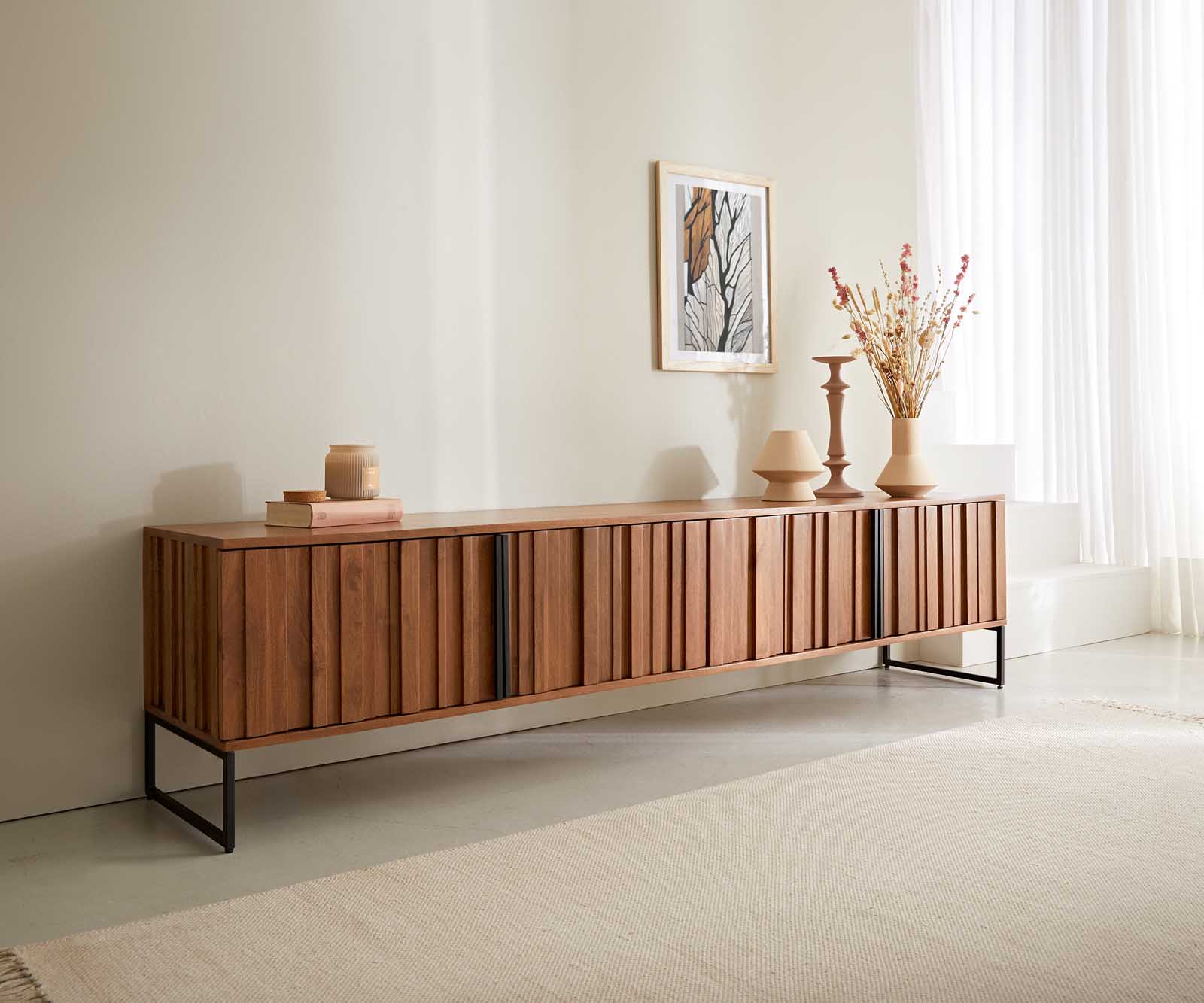 Dressoir Sivela 200 cm mangobruin metaal zwart 4 deuren