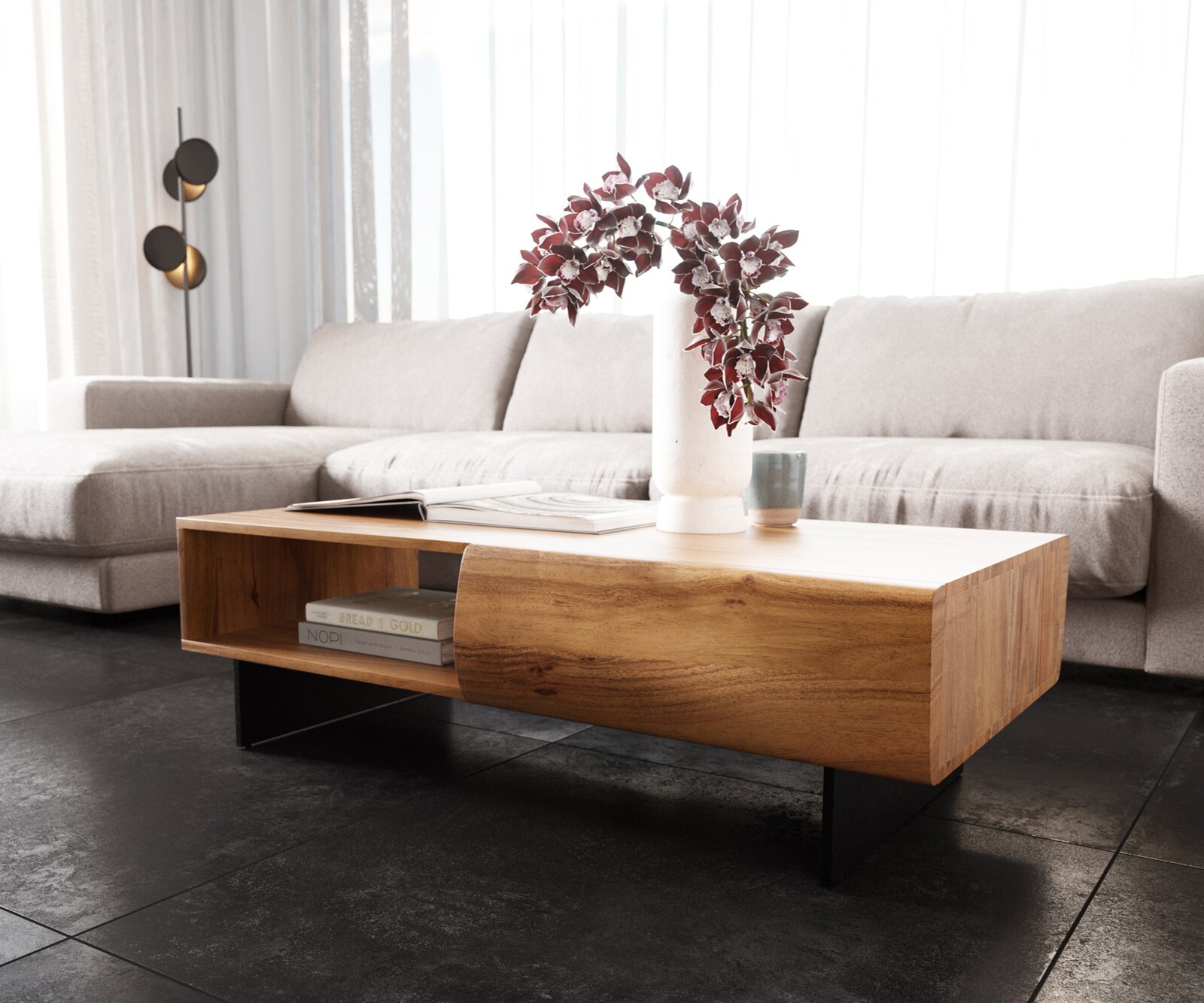 Salontafel New Live-Edge 115x60 cm acacia natuur 2 schuiflade 1 vak poot zwevend metaal zwart  1