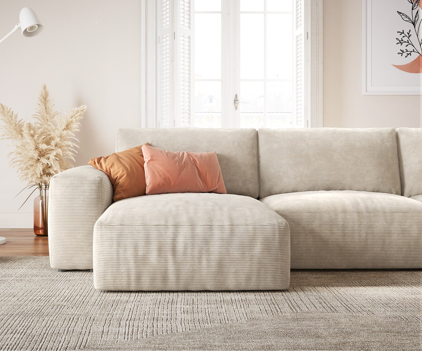 Woonlandschap Lanzo 300x210 cm ribcord beige met variabele recamière 4