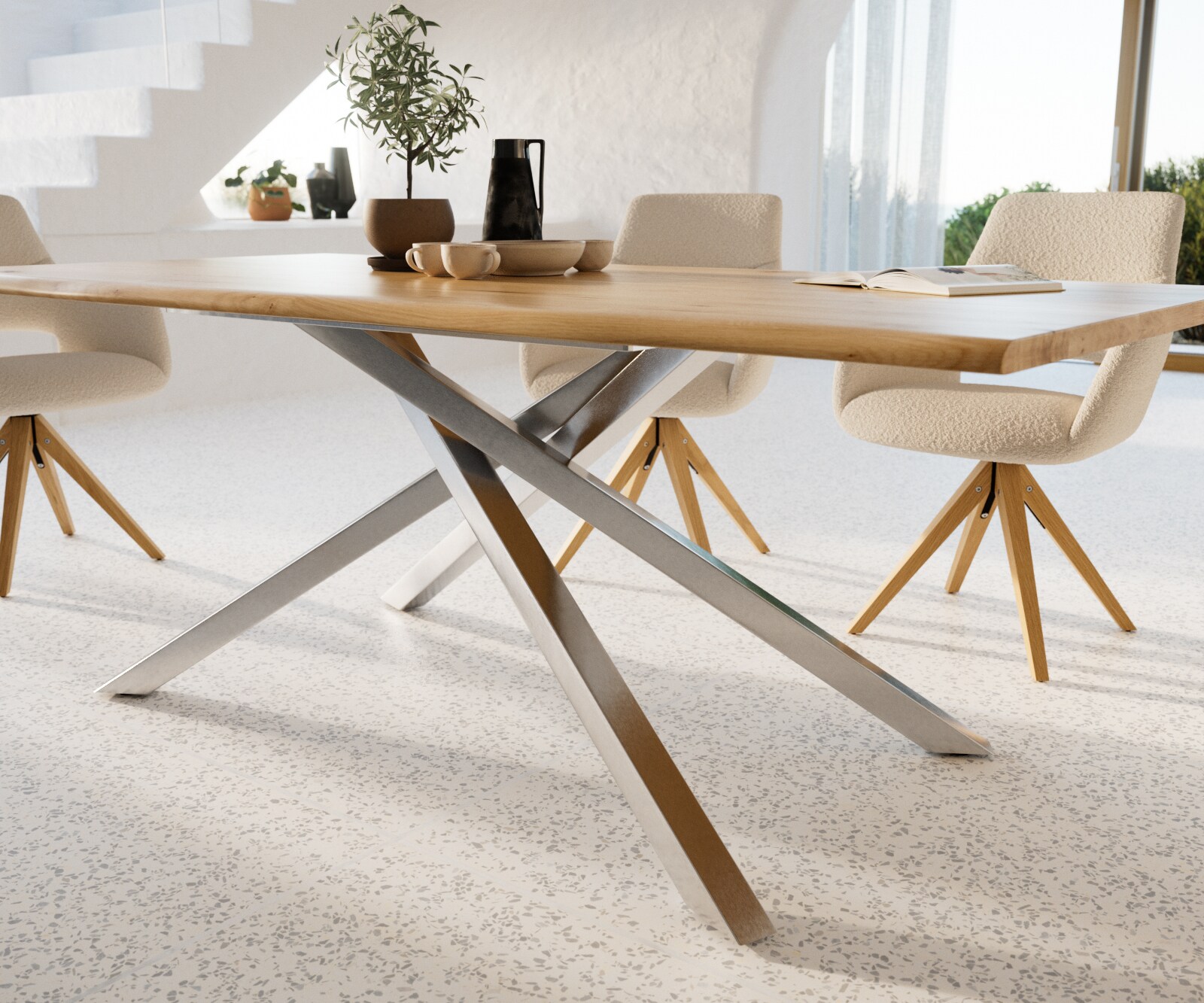 Eettafel Edge 200x100x2,5-3 eiken natuur kruisframe rechthoek roestvrij staal  Live-Edge 6