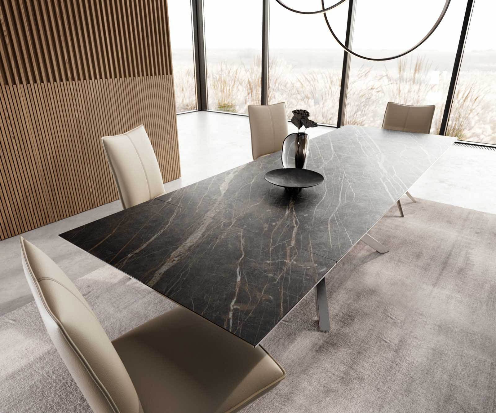 Eetkamertafel Edge 200-300x100 keramiek Laminam®Noir Desir bruin kruisframe rechthoek RVS uitschuifbaar 3 Eetkamertafel Edge 200-300x100 keramiek Laminam®Noir Desir bruin kruisframe rechthoek RVS uitschuifbaar 3