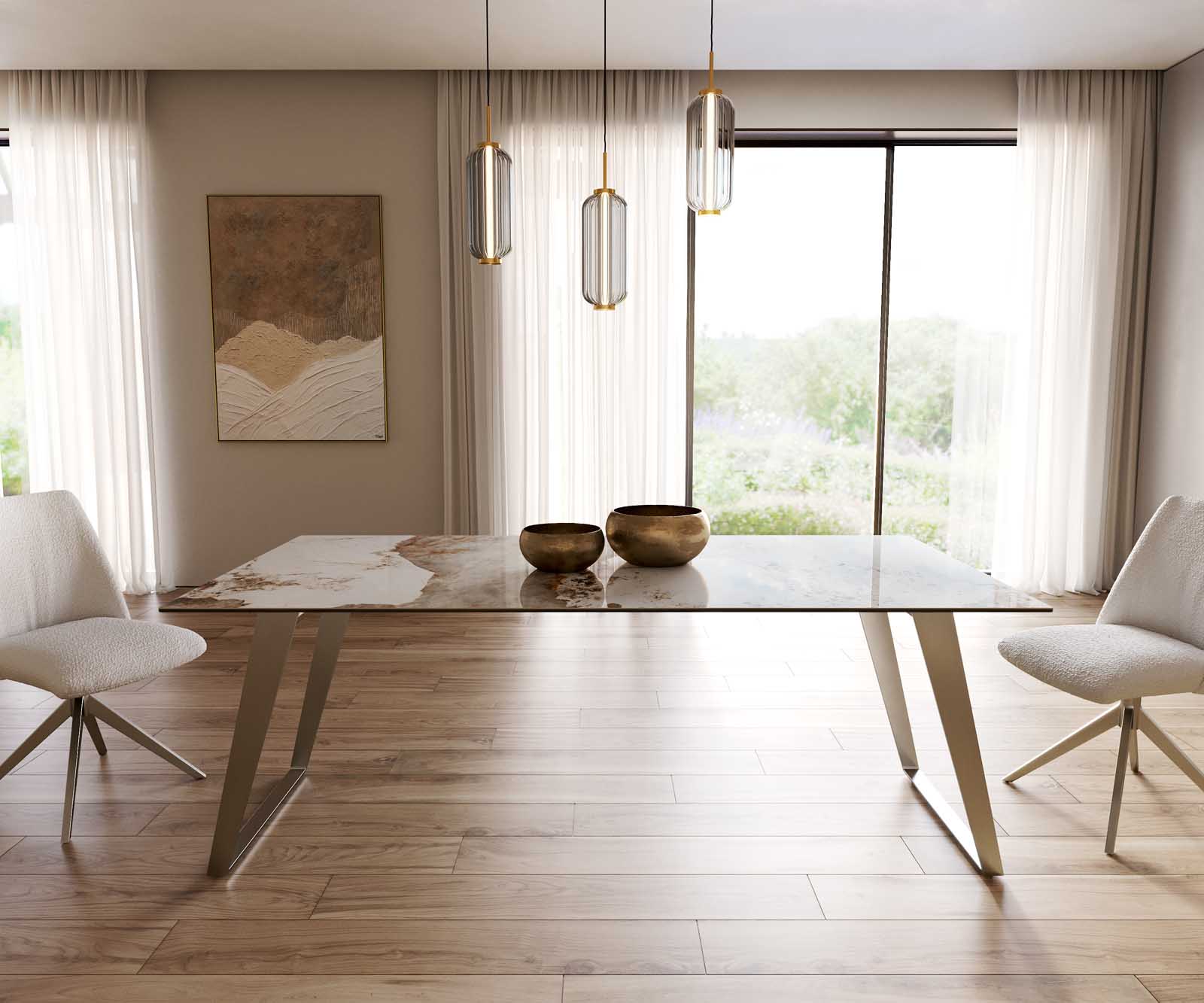 Eetkamertafel Edge 200x100 keramiek Minas Melange wit-beige RVS schuin 1 Eetkamertafel Edge 200x100 keramiek Minas Melange wit-beige RVS schuin 1