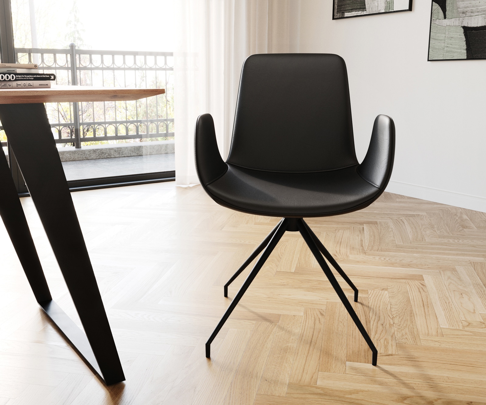 Eetkamerstoel Ilia-Flex met armleuning echt leer zwart kruisframe conisch zwart 1 Eetkamerstoel Ilia-Flex met armleuning echt leer zwart kruisframe conisch zwart 1