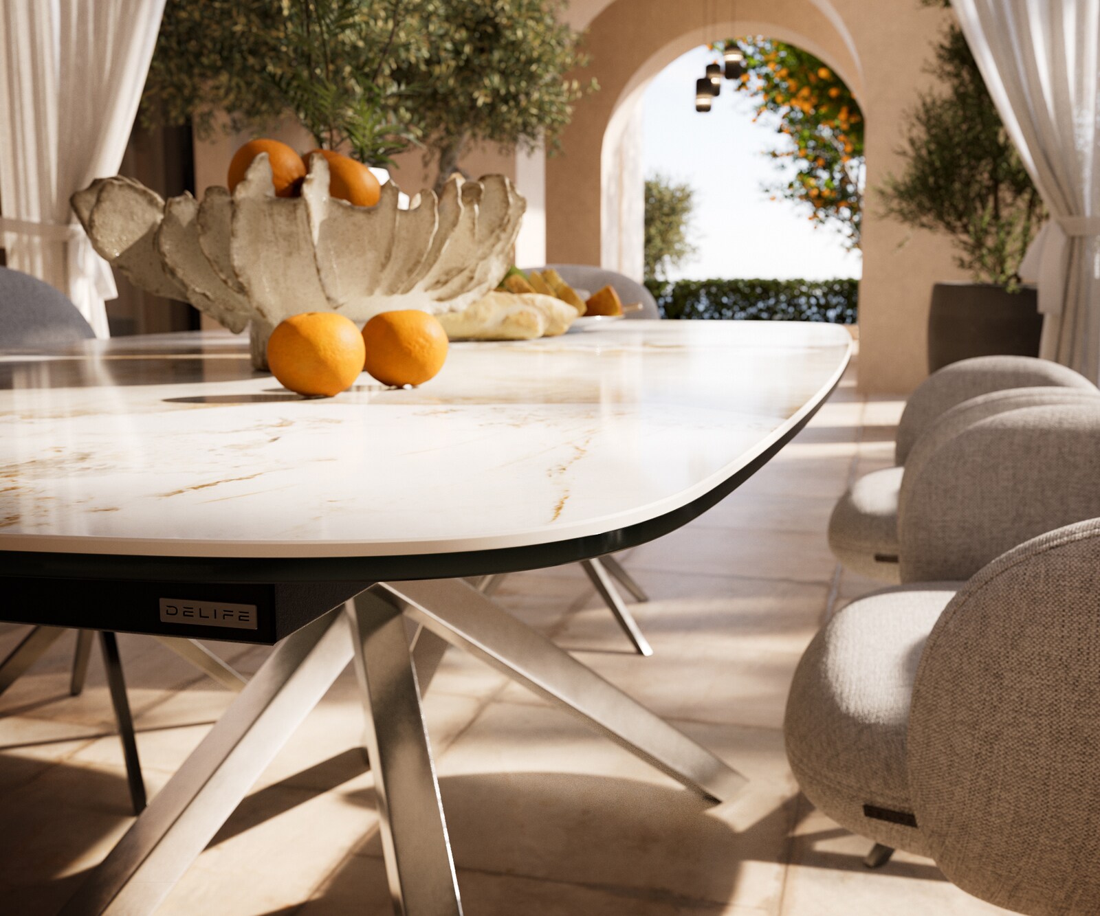 Outdoortafel Edge Boot 200x100 cm keramiek Minas Melange wit-beige kruispoot rechthoekig roestvrij staal 3
